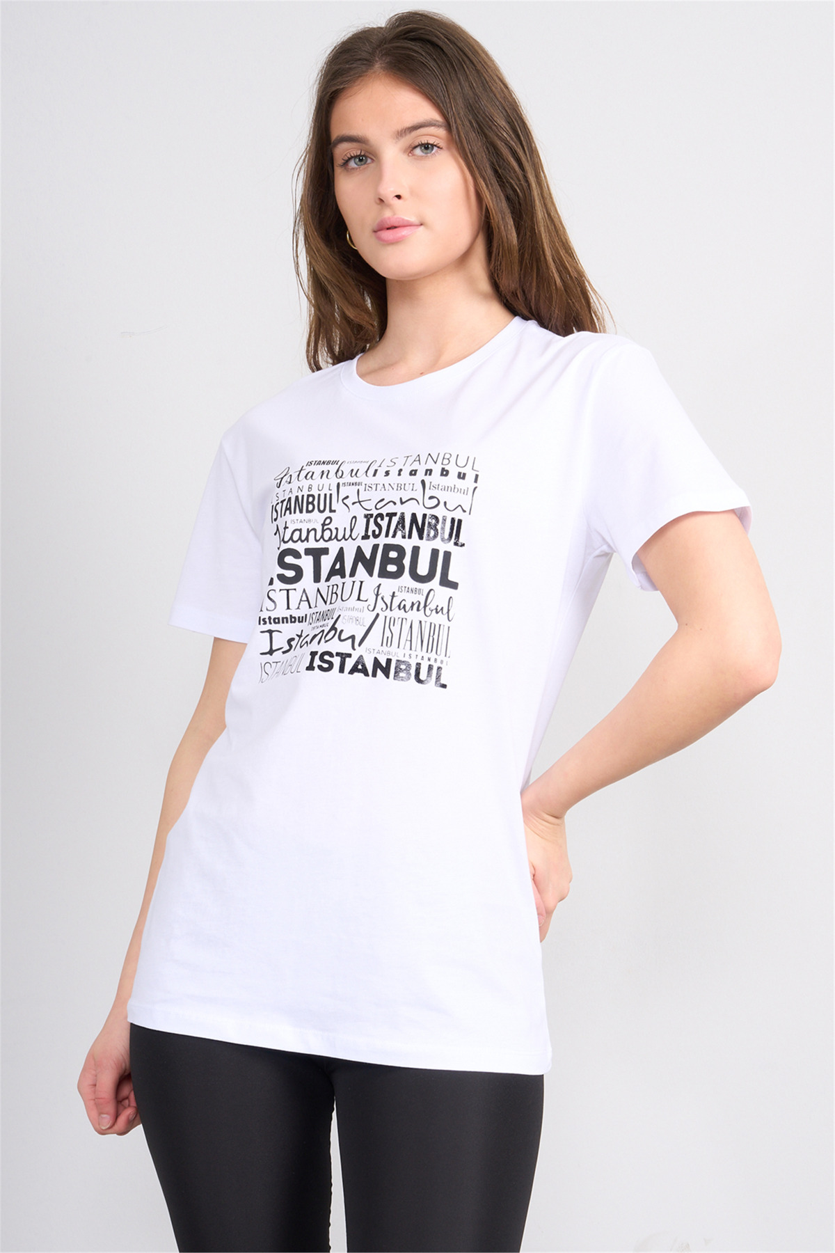 FİTHİT Çetinkaya 3249 Bisiklet Yaka Regular Baskılı T-shirt Beyaz