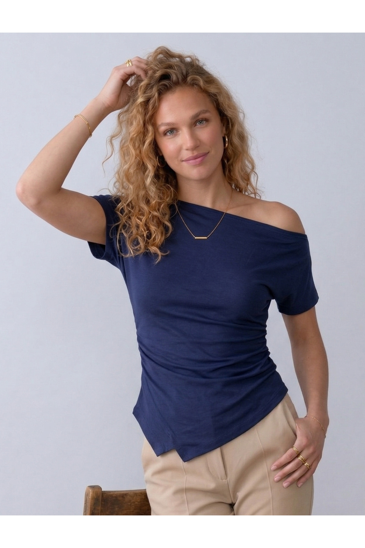 NEW PRODUCT Women's Cotton Fabric Shirring Detailed Asymmetrical Cut Low Shoulder Blouse