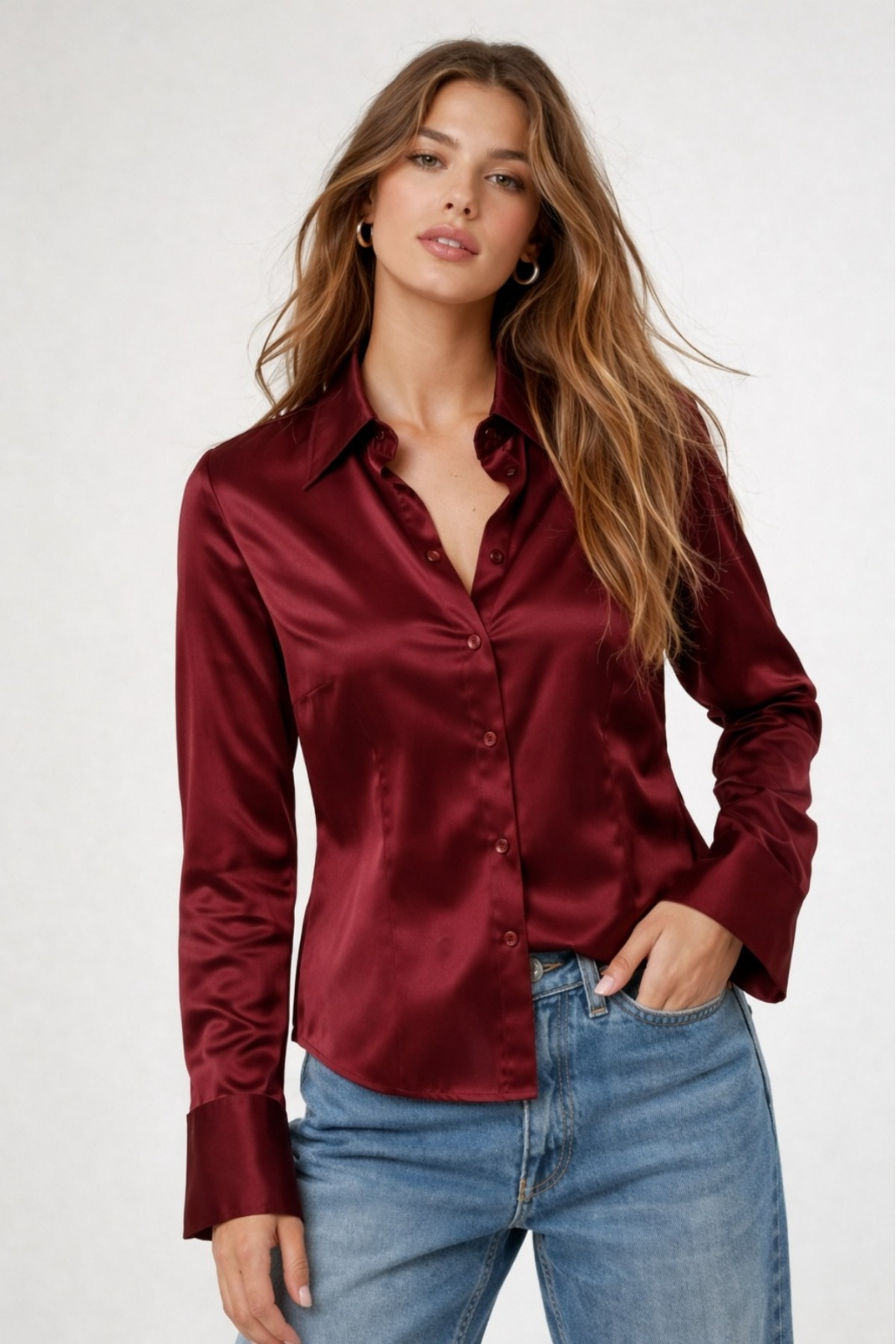 Hola Lady Bordo Saten Fitted Gömlek HL053 görsel 2