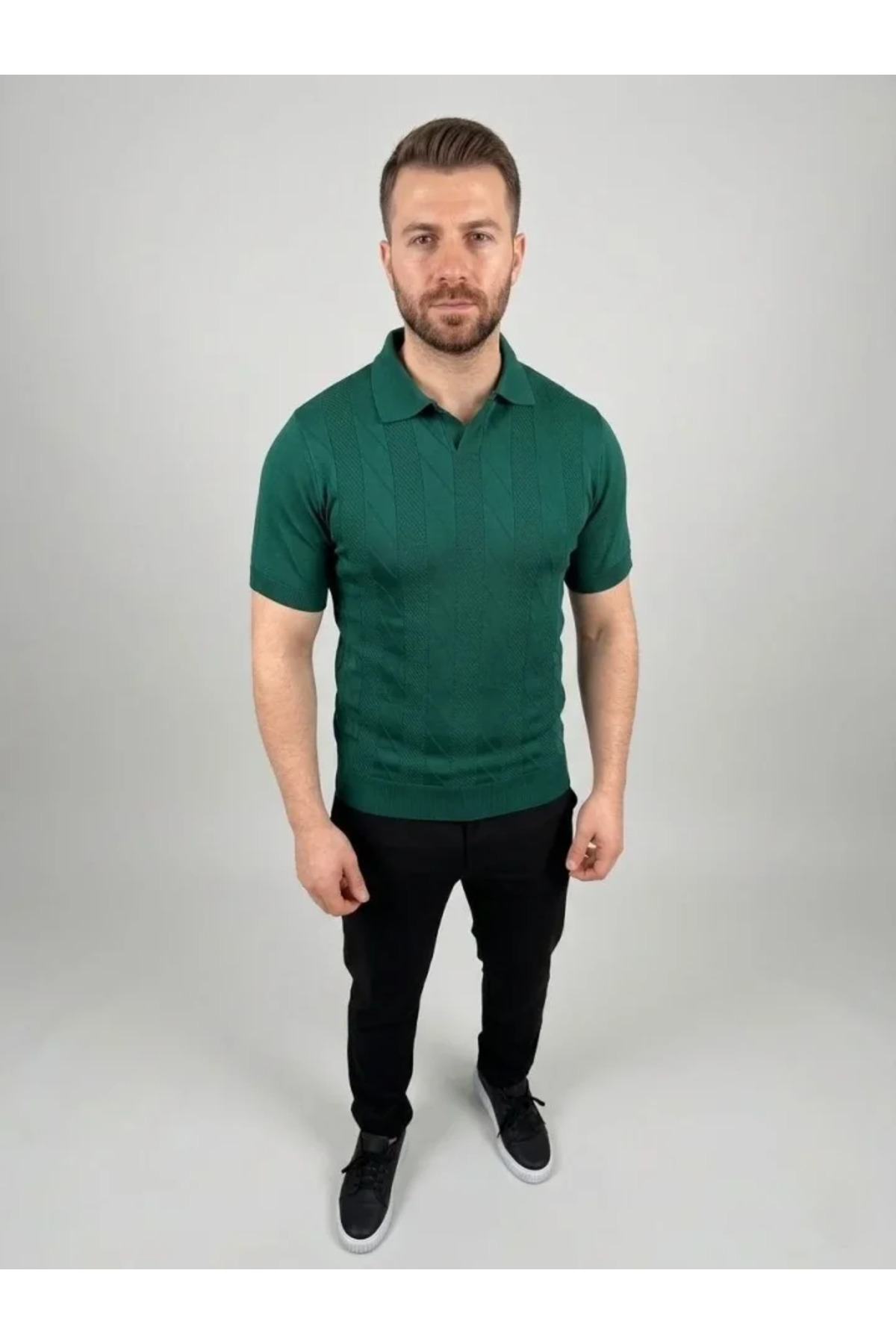 Erkek Yazlık Triko Dokuma Tişört Kısa Kol Polo Yaka T-Shirt - Koyu Yeşil