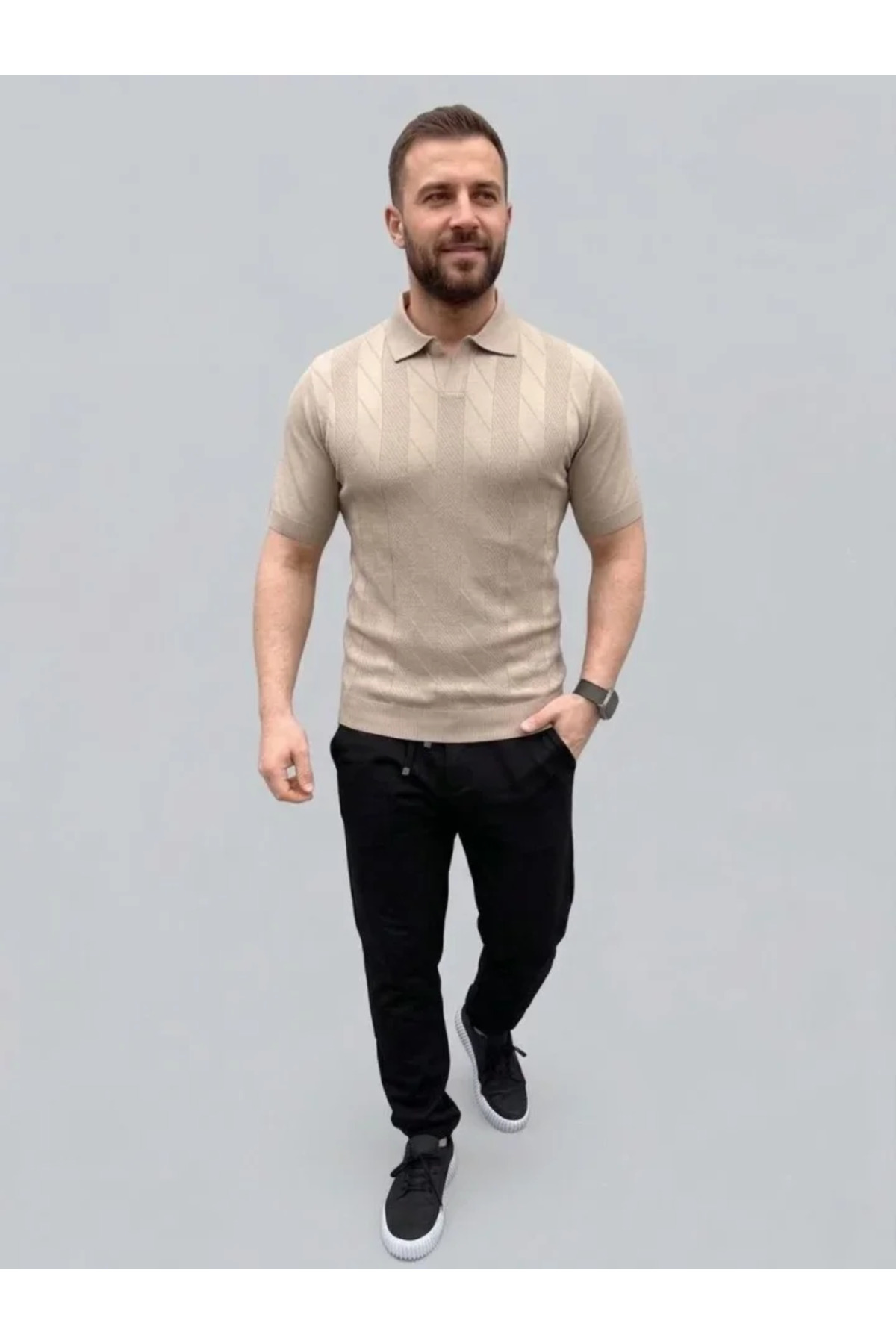Erkek Yazlık Triko Dokuma Tişört Kısa Kol Polo Yaka T-Shirt - Bej