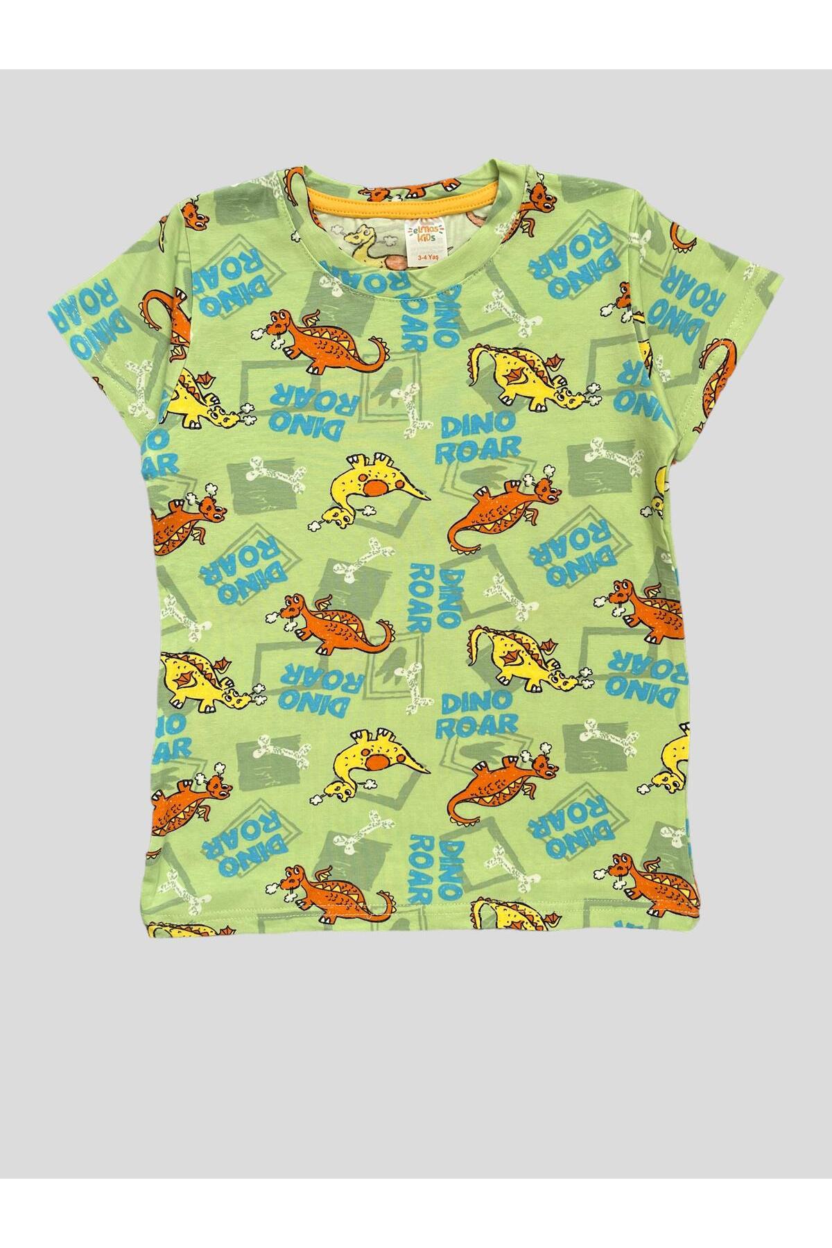 elmas kids Erkek Çocuk %100 Pamuklu Yeşil Renk Dinozor Desenli Kısa Kollu Şortlu Yazlık Pijama Takımı fotoğrafı 3 (önizleme)