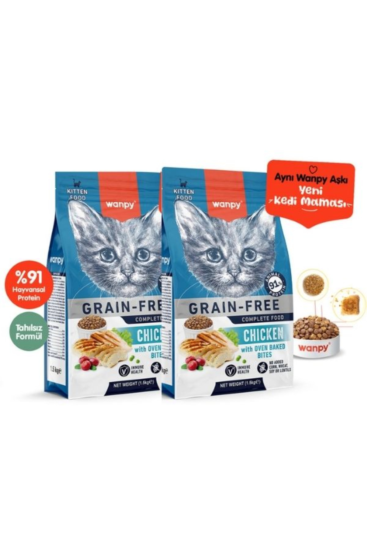 Wanpy Tahılsız Tavuklu Yavru Kedi Maması 1,5Kg X 2 Adet