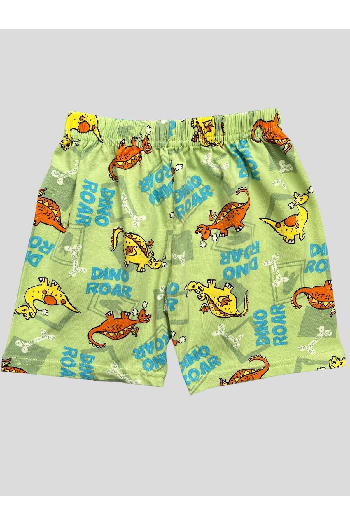 elmas kids Erkek Çocuk %100 Pamuklu Yeşil Renk Dinozor Desenli Kısa Kollu Şortlu Yazlık Pijama Takımı fotoğrafı 4 (önizleme)