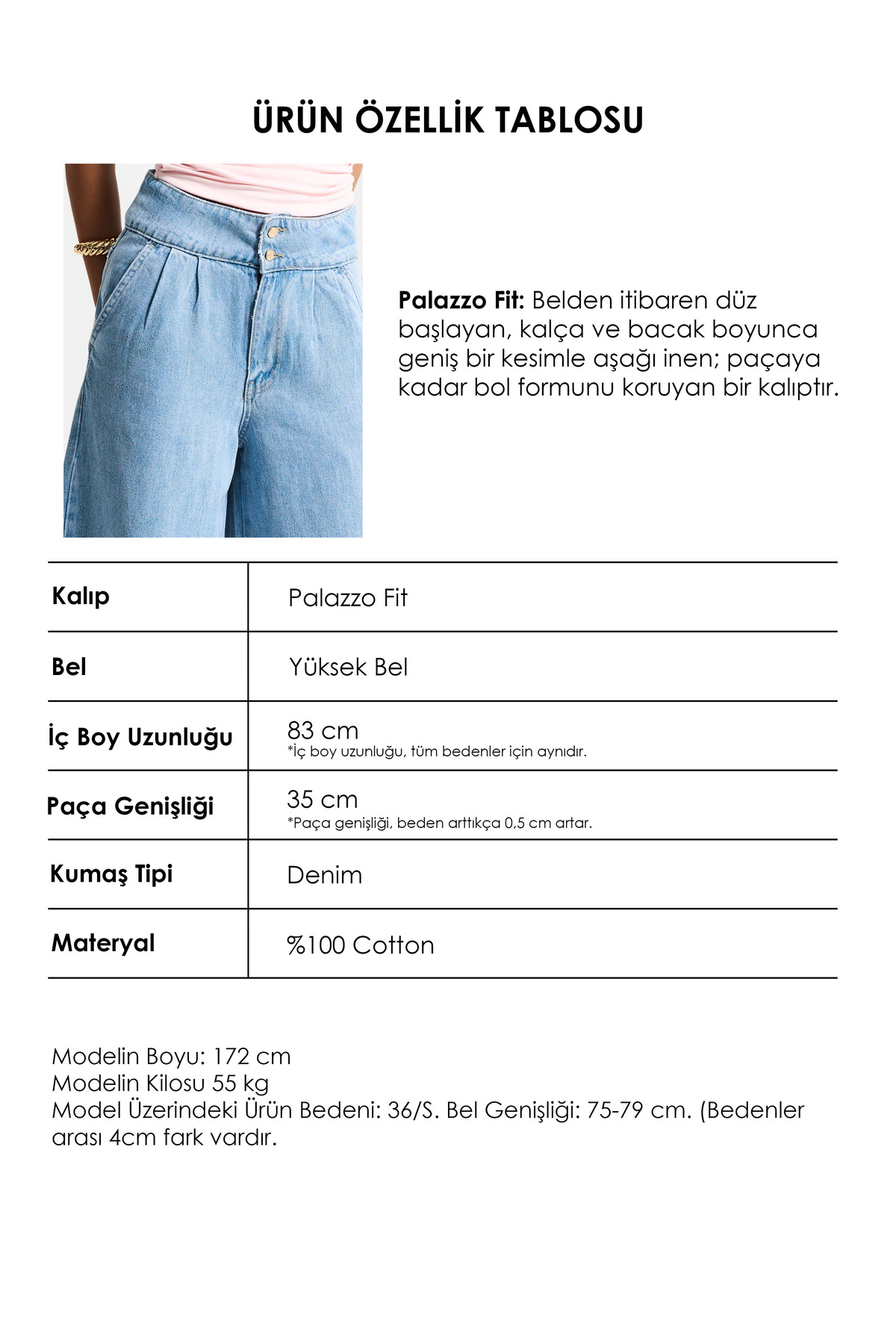 it's basic  Kadın Mavi 1s6-3 Süper Palazzo Fit Viskon Özel Kumaş Dökümlü Denim Jean - Görsel 5