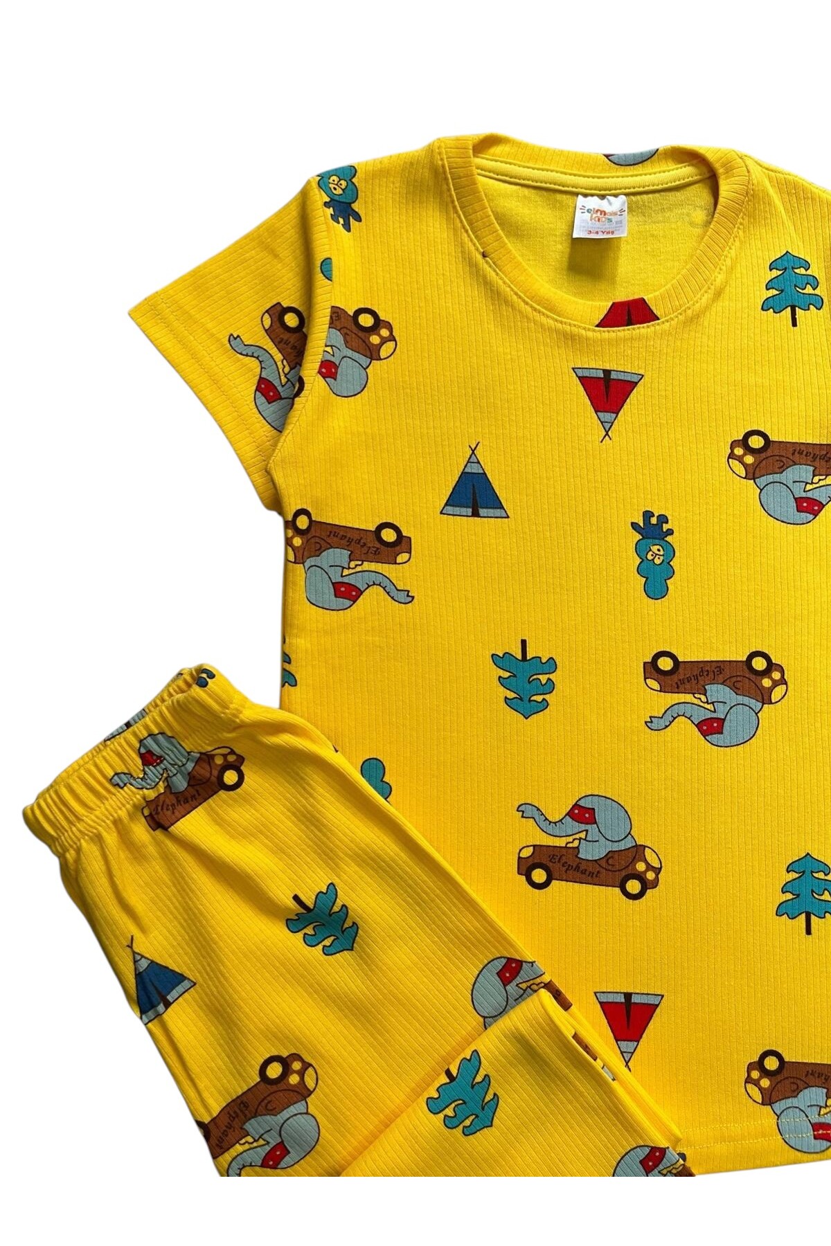 elmas kids Erkek Çocuk %100 Pamuklu Sarı Renk Fil Desenli Kısa Kollu Altı Uzun Yazlık Pijama Takımı fotoğrafı 3 (önizleme)