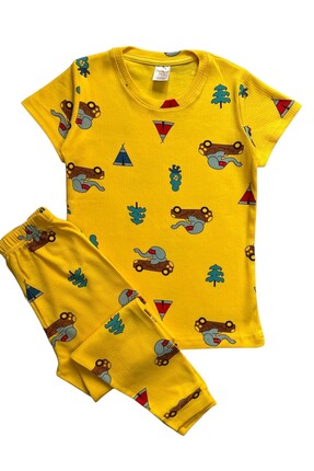 elmas kids Erkek Çocuk %100 Pamuklu Sarı Renk Fil Desenli Kısa Kollu Altı Uzu...