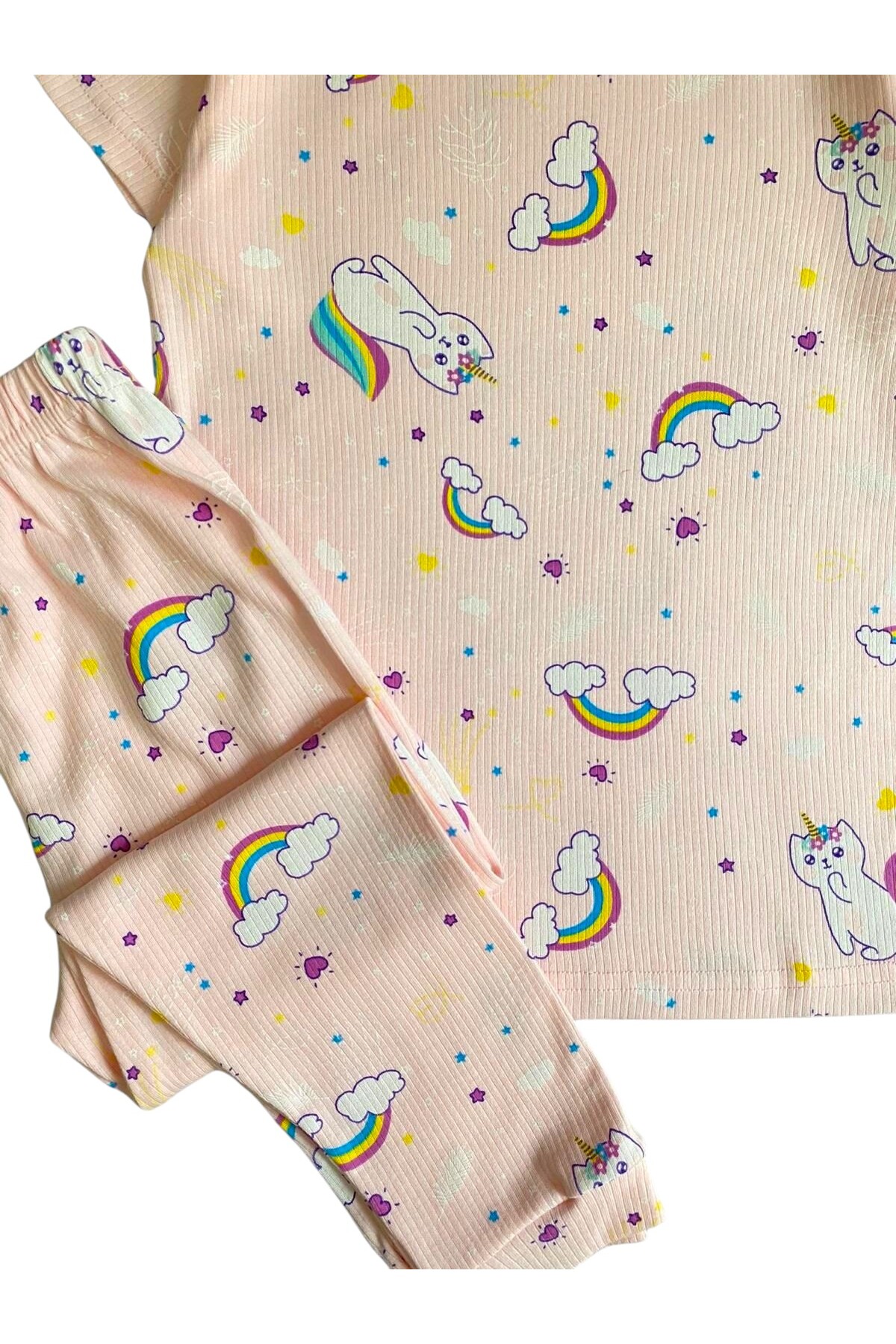elmas kids Kız Çocuk %100 Pamuklu Pembe Renk Kedi Gökkuşağı Desenli Kısa Kollu Altı Uzun Yazlık Pijama Takımı fotoğrafı 3 (önizleme)