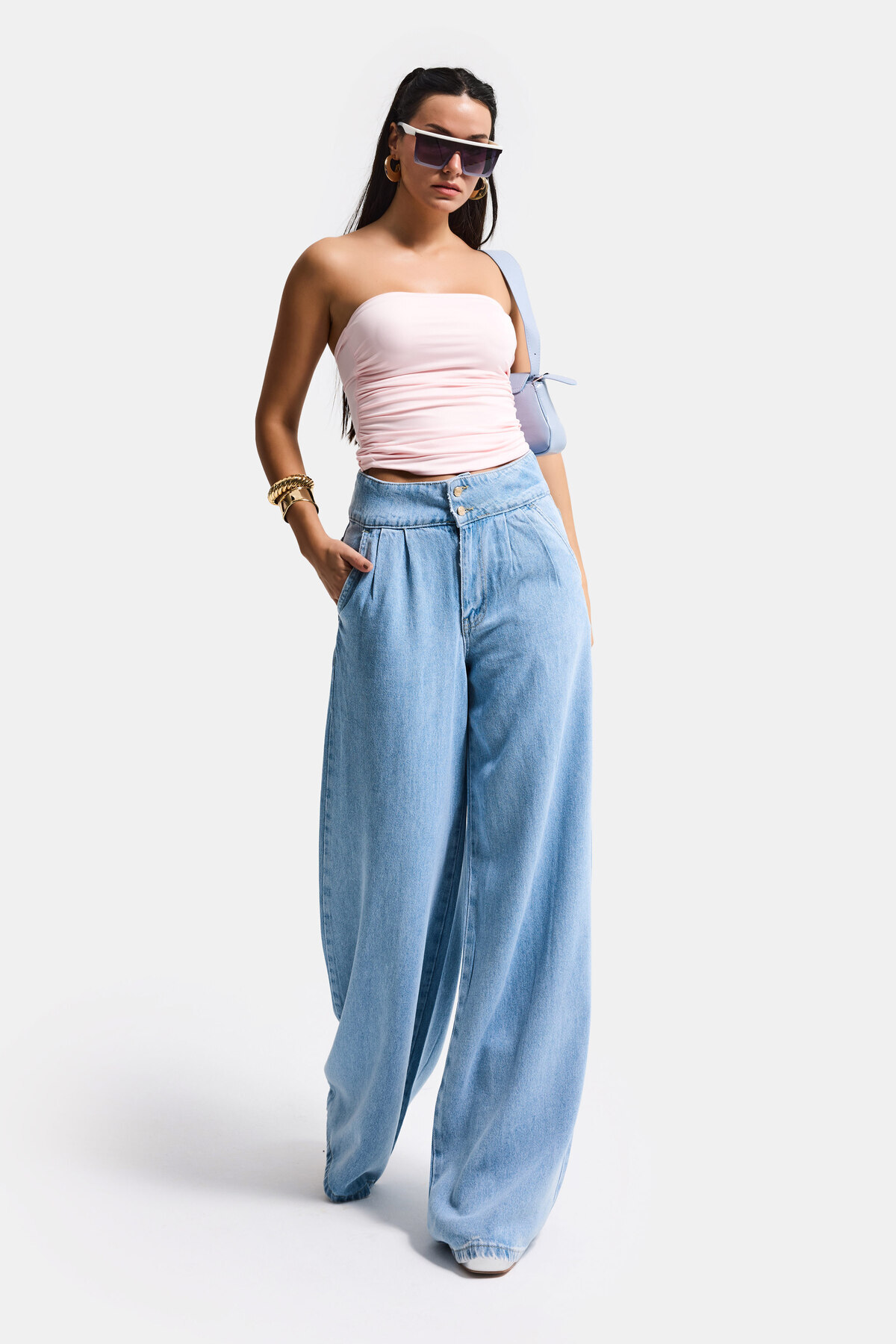 it's basic  Kadın Mavi 1s6-3 Süper Palazzo Fit Viskon Özel Kumaş Dökümlü Denim Jean - Görsel 2