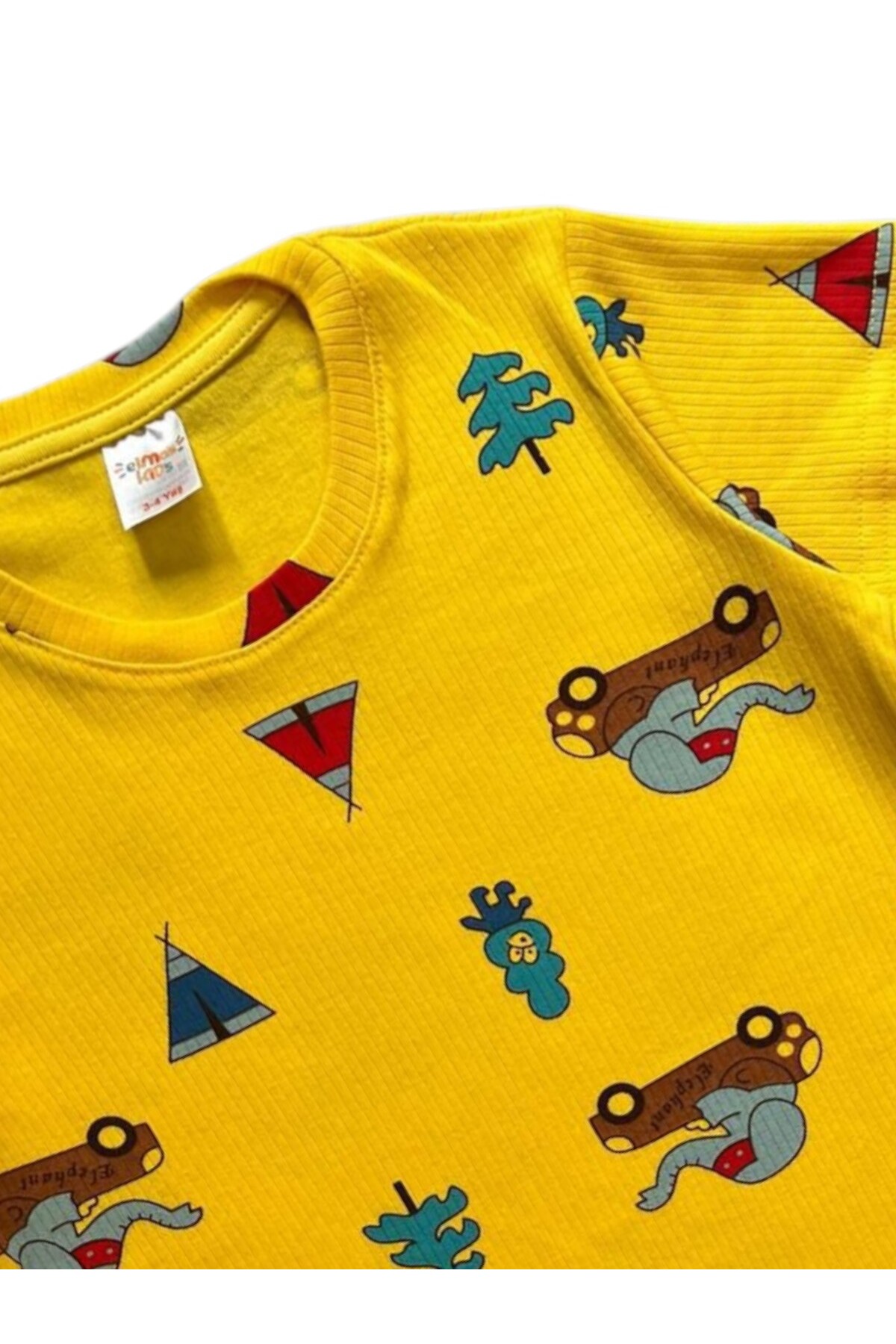 elmas kids Erkek Çocuk %100 Pamuklu Sarı Renk Fil Desenli Kısa Kollu Altı Uzun Yazlık Pijama Takımı fotoğrafı 2 (önizleme)