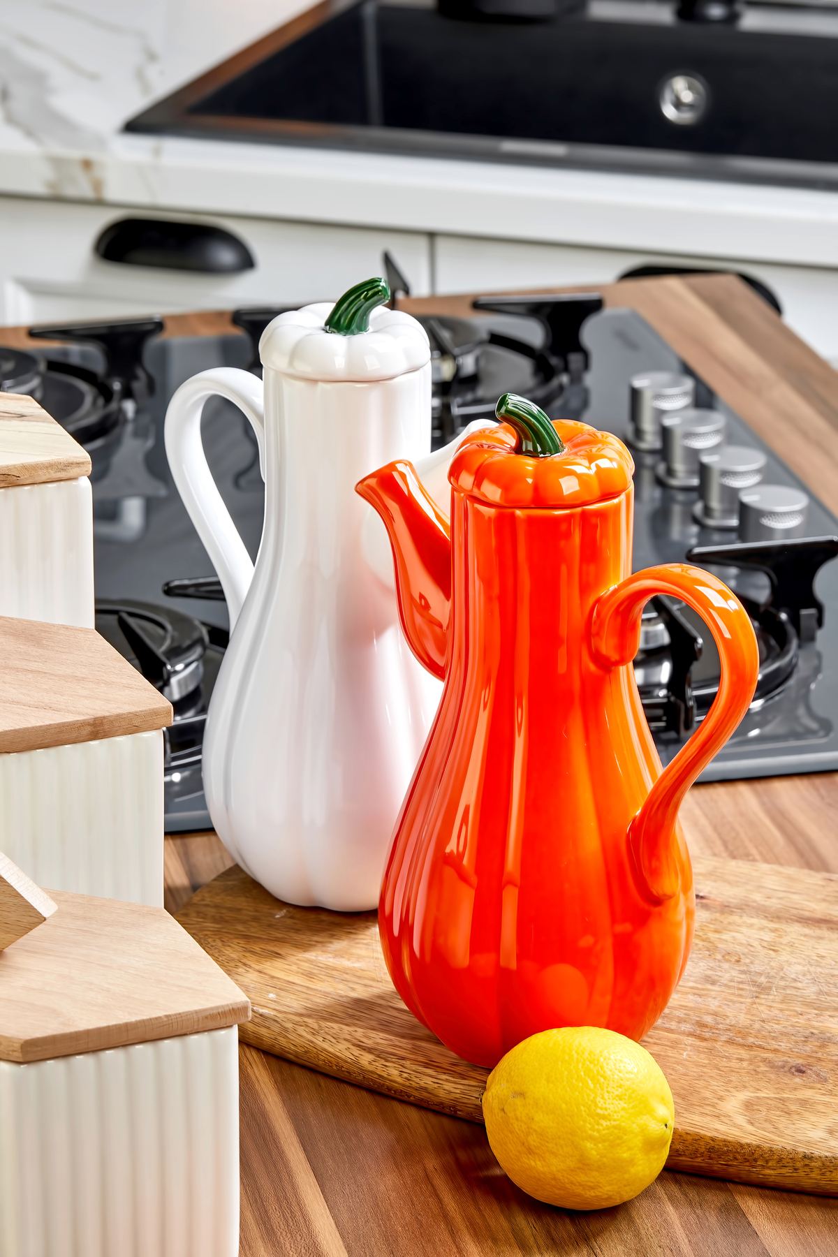 Akkoyunlu home Modern Altıgen 3'lü Seramik Kavanoz ve 2'li Kabak