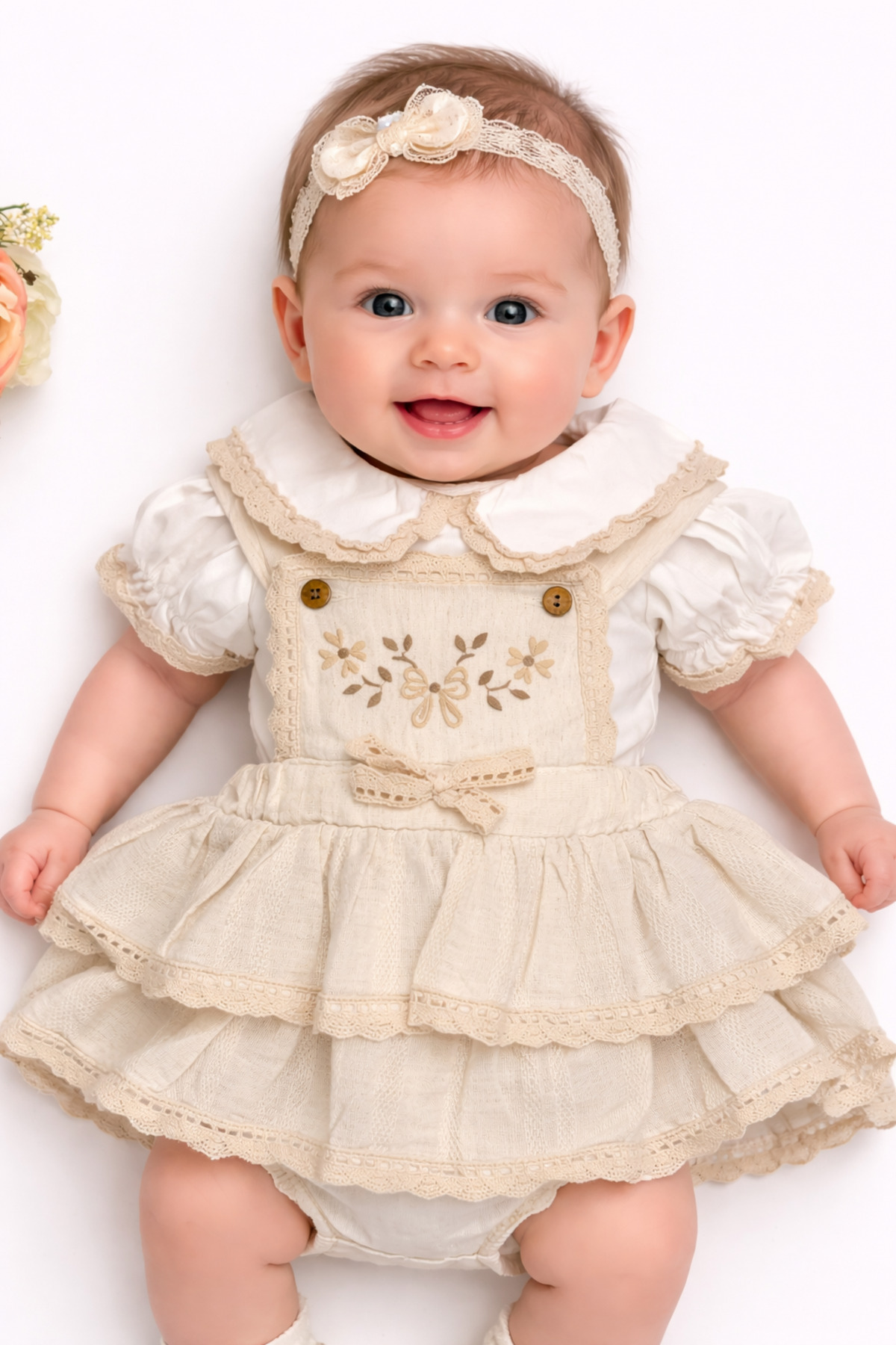 Aselya Kids Kız Bebek Nakışlı Salopet Elbiseli 2'li Takım fotoğrafı 2 (önizleme)