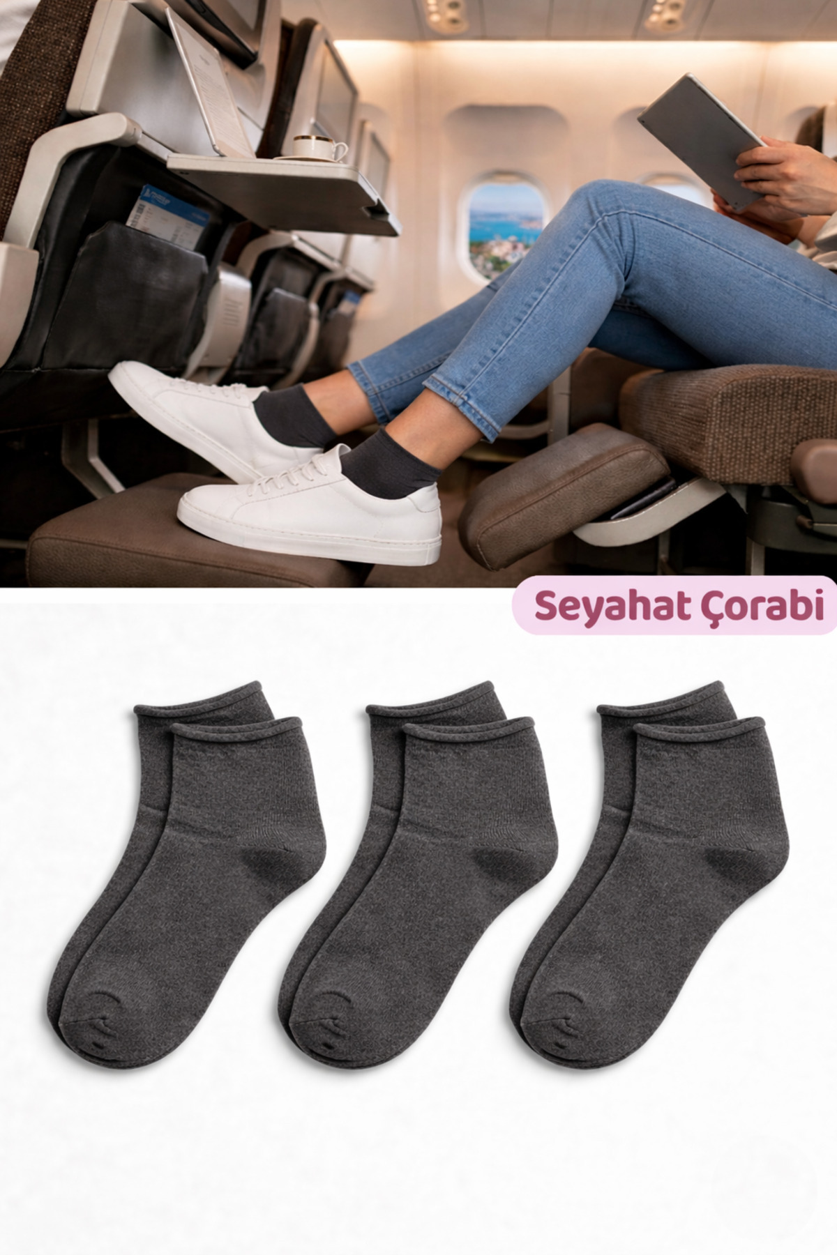 Kadın Lastiksiz Seyahat Çorabı 3’lü Paket Dikişsiz/Premium/Pamuk/Kısa/ Yolculuk Çorabı Füme