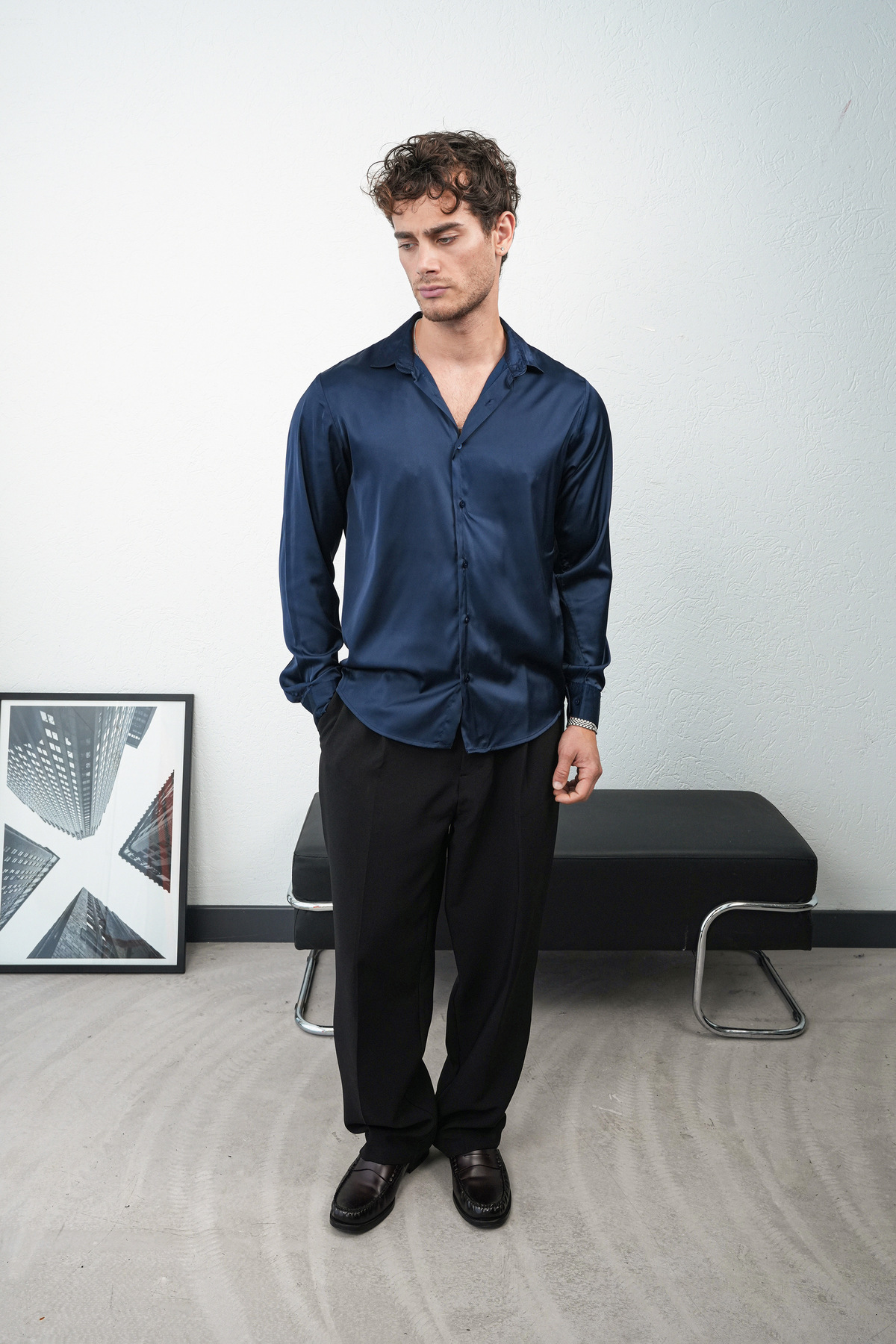 İLKCET MODA  Parlak Lacivert Erkek Saten Regular Gömlek - Görsel 3