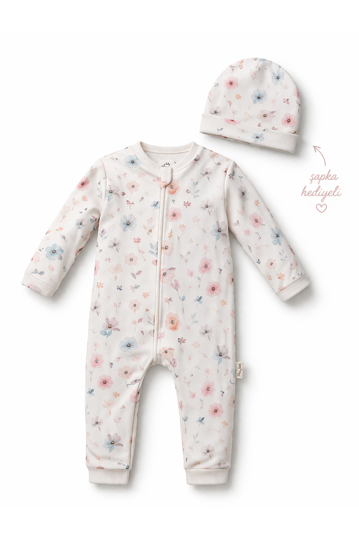 Organic Cotton Newborn Compatible Zipper Hat Floral Pattern Baby Romper Set (3-9 Months)