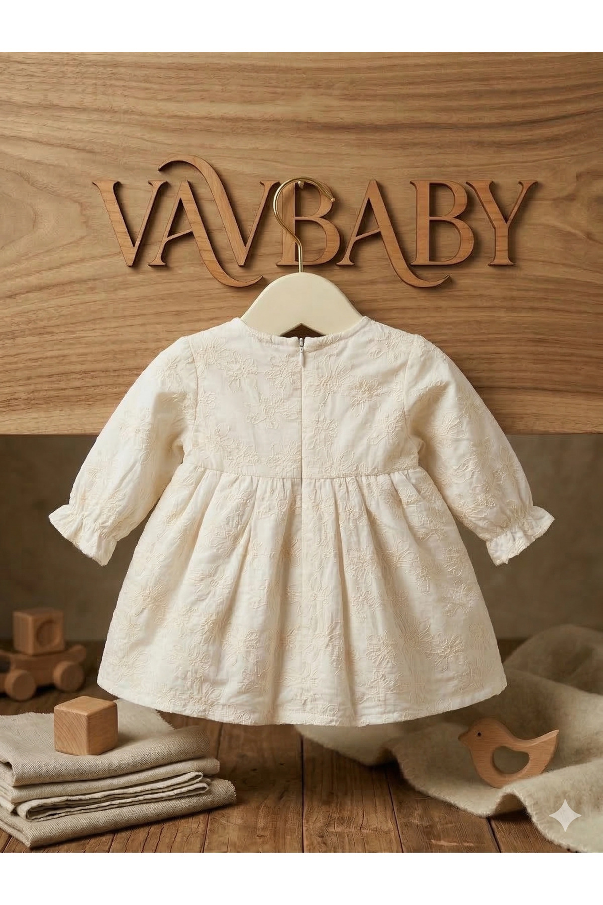 VaVbaby Kız Bebek Desenli Dantel Yakalı Uzun Kollu Elbise fotoğrafı 3 (önizleme)