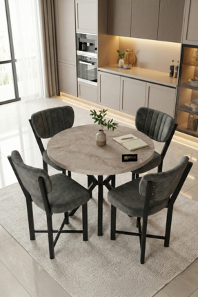 GOLDFALEZ Mutfak Masası 4 Sandalyeli Set 90 Çap Yuvarlak Cafe Balkon Ofis Mas...