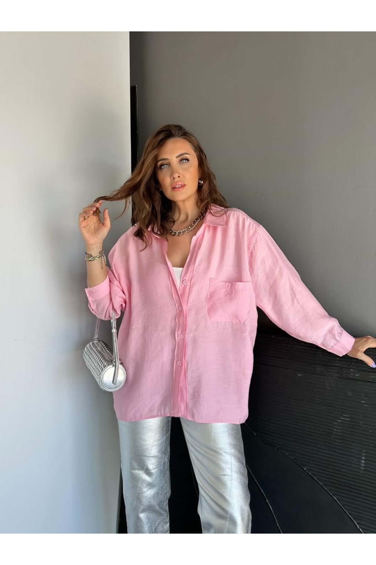 My Blog  Pembe Düşük Omuz Oversize Gömlek - 4612