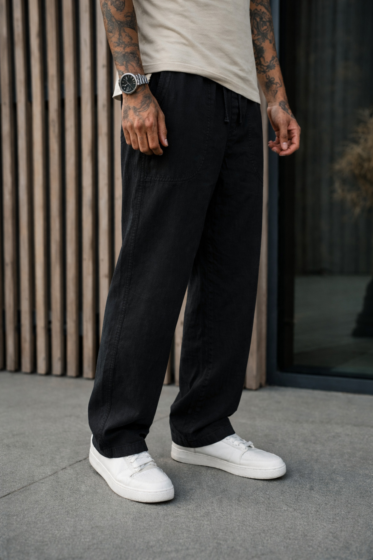 DAMGA JEANS  Erkek Premium Jogger Relax Fit Siyah Keten Pantolon - Görsel 3
