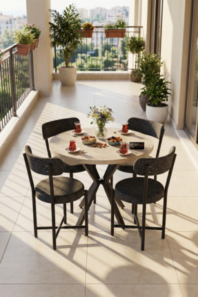 GOLDFALEZ Mutfak Masası 4 Sandalyeli Set 90 Çap Yuvarlak Cafe Balkon Ofis Mas...