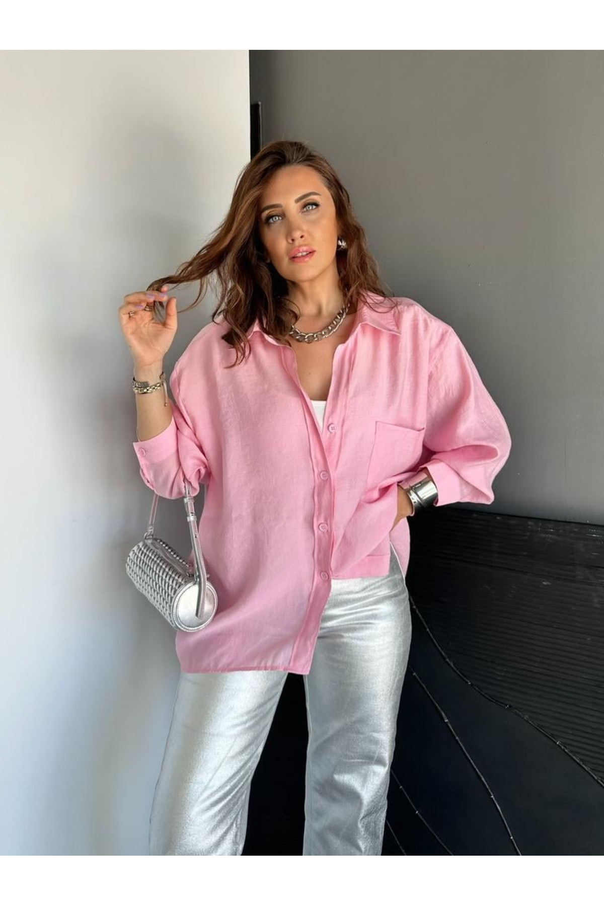 My Blog  Pembe Düşük Omuz Oversize Gömlek - 4612 - Görsel 5