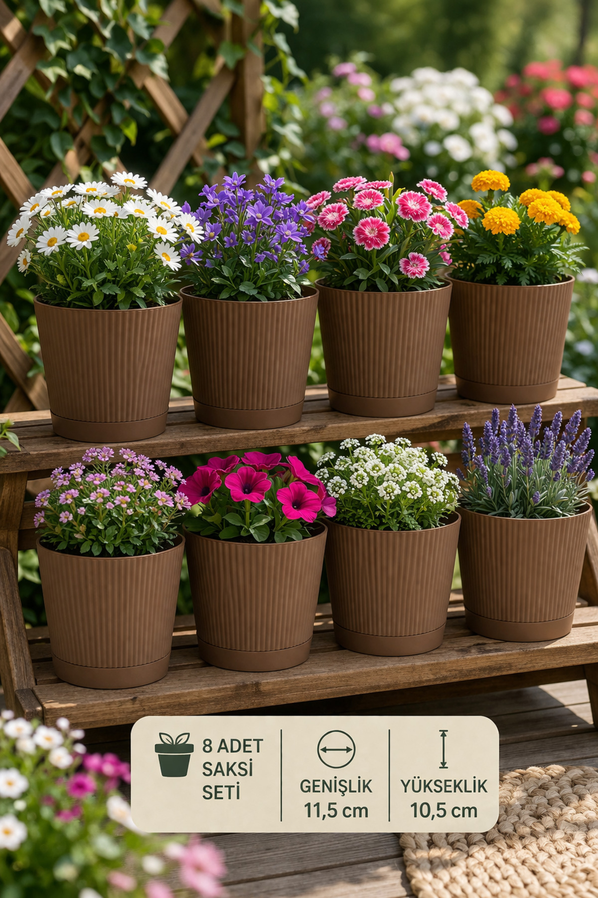 8 Pieces Plastic Striped Flower Pot 0,75Lt 11,5x10,5cm Drained AH205