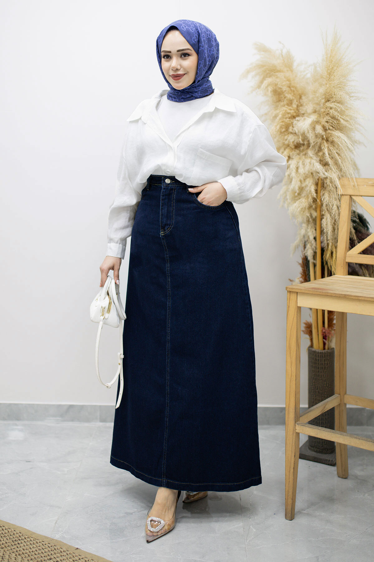 Tesettür Dünyası High Waist Denim Skirt Tsd260120 Dark Blue- Trendyol