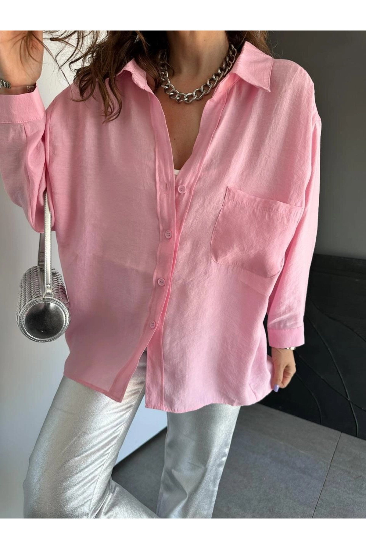 My Blog  Pembe Düşük Omuz Oversize Gömlek - 4612 - Görsel 3