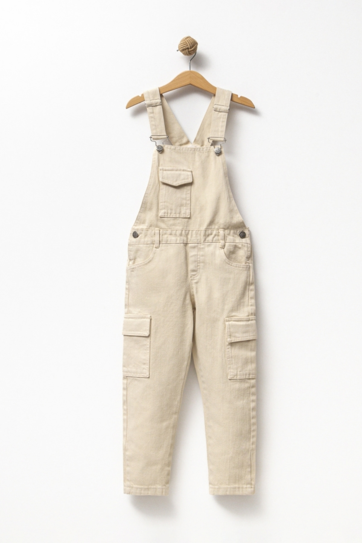 Unisex Ham Denim Kargo Cepli Bej Çocuk Salopet - Doğal Dokulu Gabardin Tulum