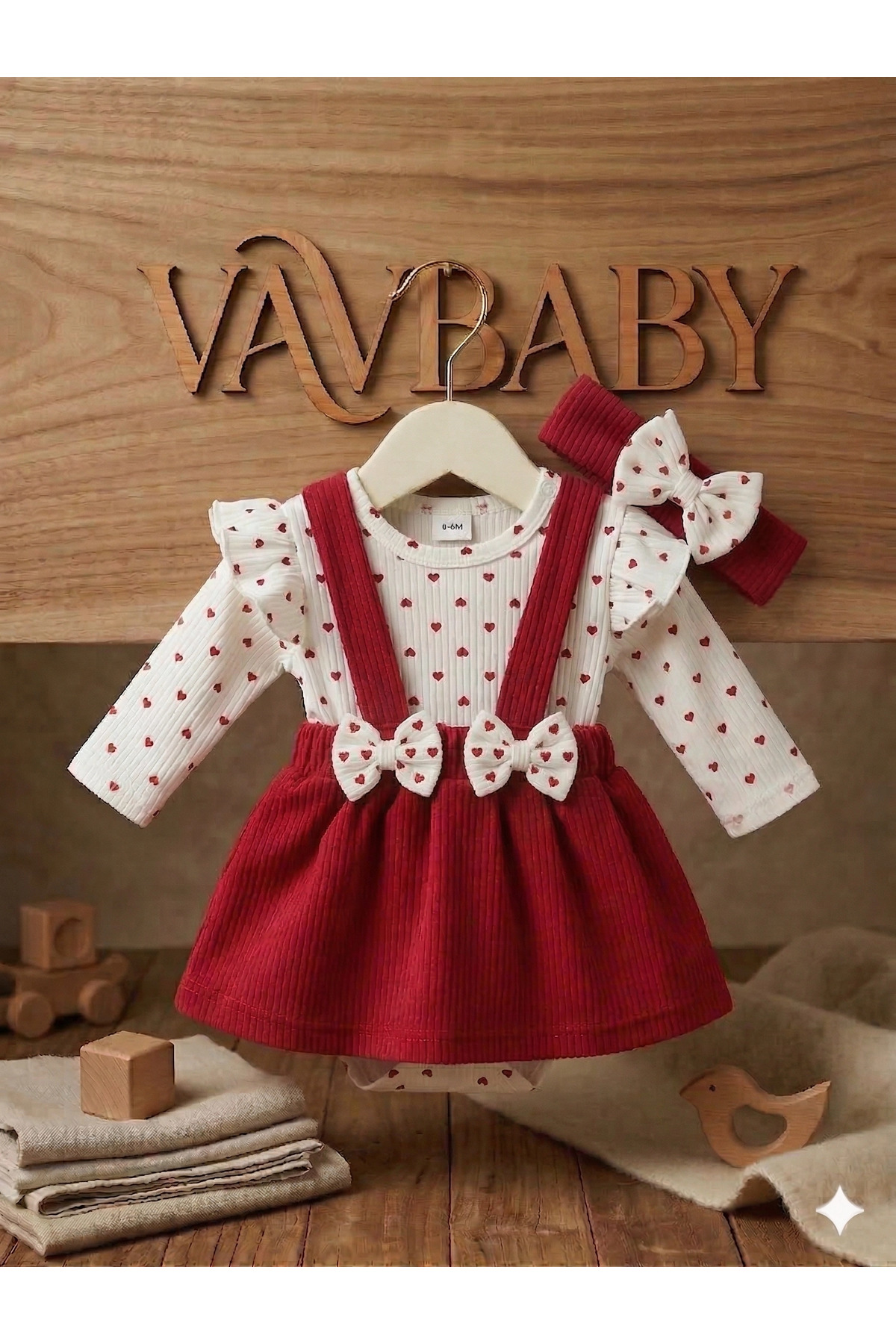 VaVbaby Kız Bebek Kırmızı Raporlu Jile Etek ve Kalp Desenli Zıbın Body Takım fotoğrafı 2 (önizleme)