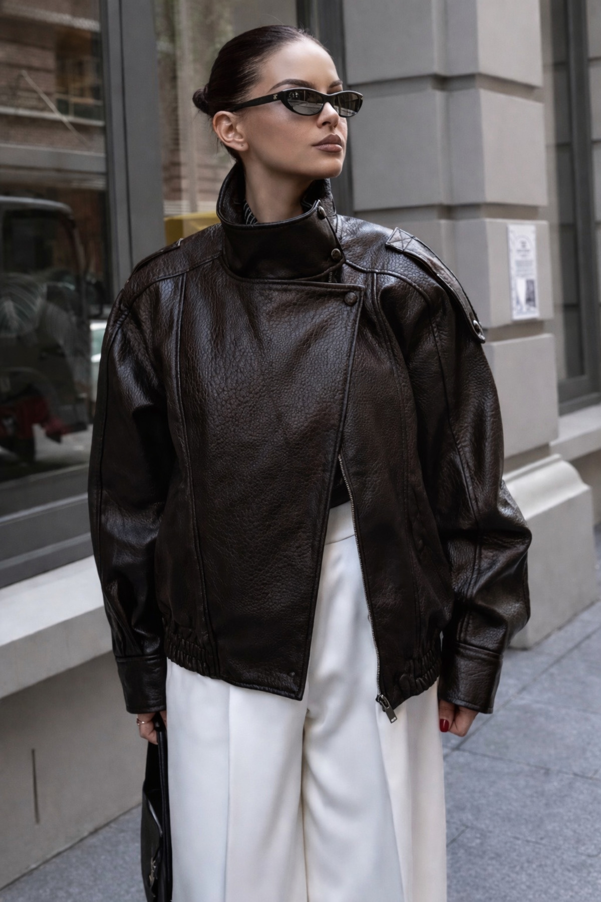 MyBella ZR Model Acı Kahverengi Oversize Dik Yaka Deri Ceket görsel 2