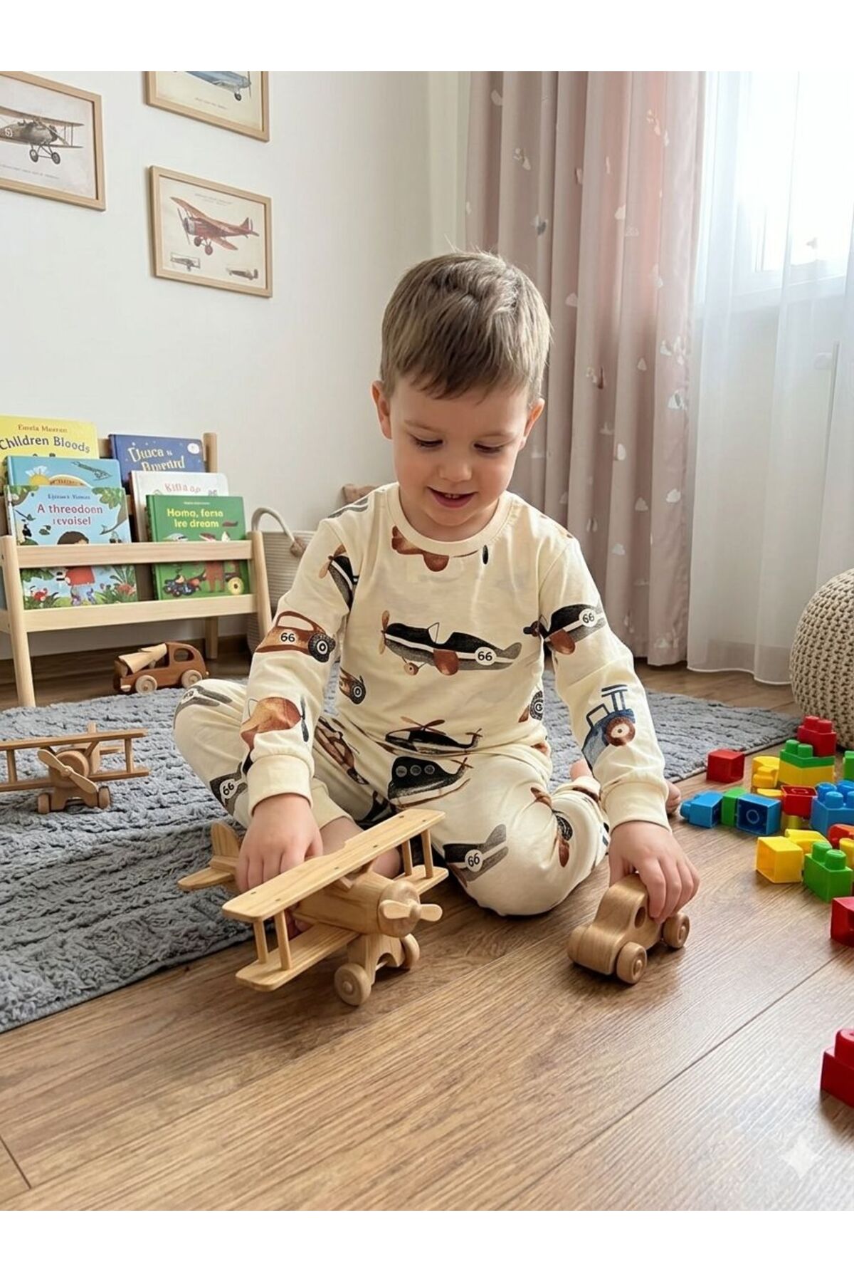 SERRASTIL Erkek Çocuk Helikopter Desenli Krem Renk Pamuklu Uzun Kol Pijama Takımı fotoğrafı 3 (önizleme)