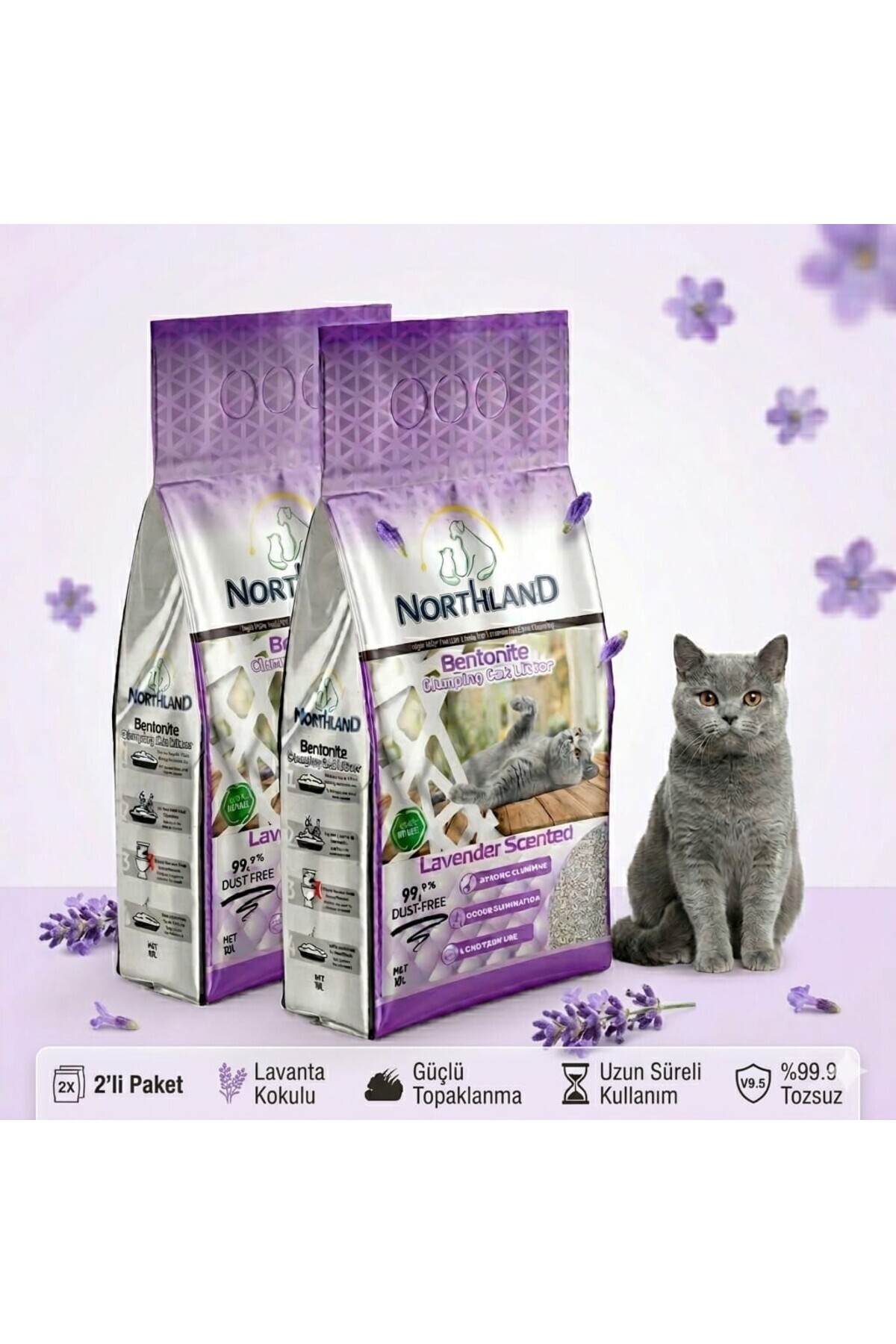 NORTHLAND Doğal Bentonit Tozsuz Lavanta Kokulu Kedi kumu 10 lt X 2 Adet