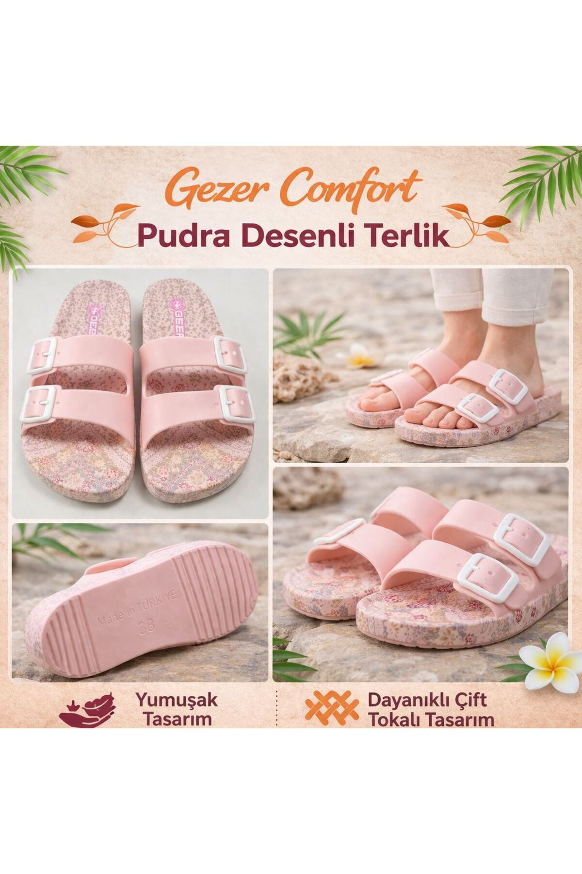 GEZER Kaydırmaz taban Toka Görünümlü Eva Tabanlı Yumuşak Esnek Kadın Terlik Pudra Rengi görsel 2