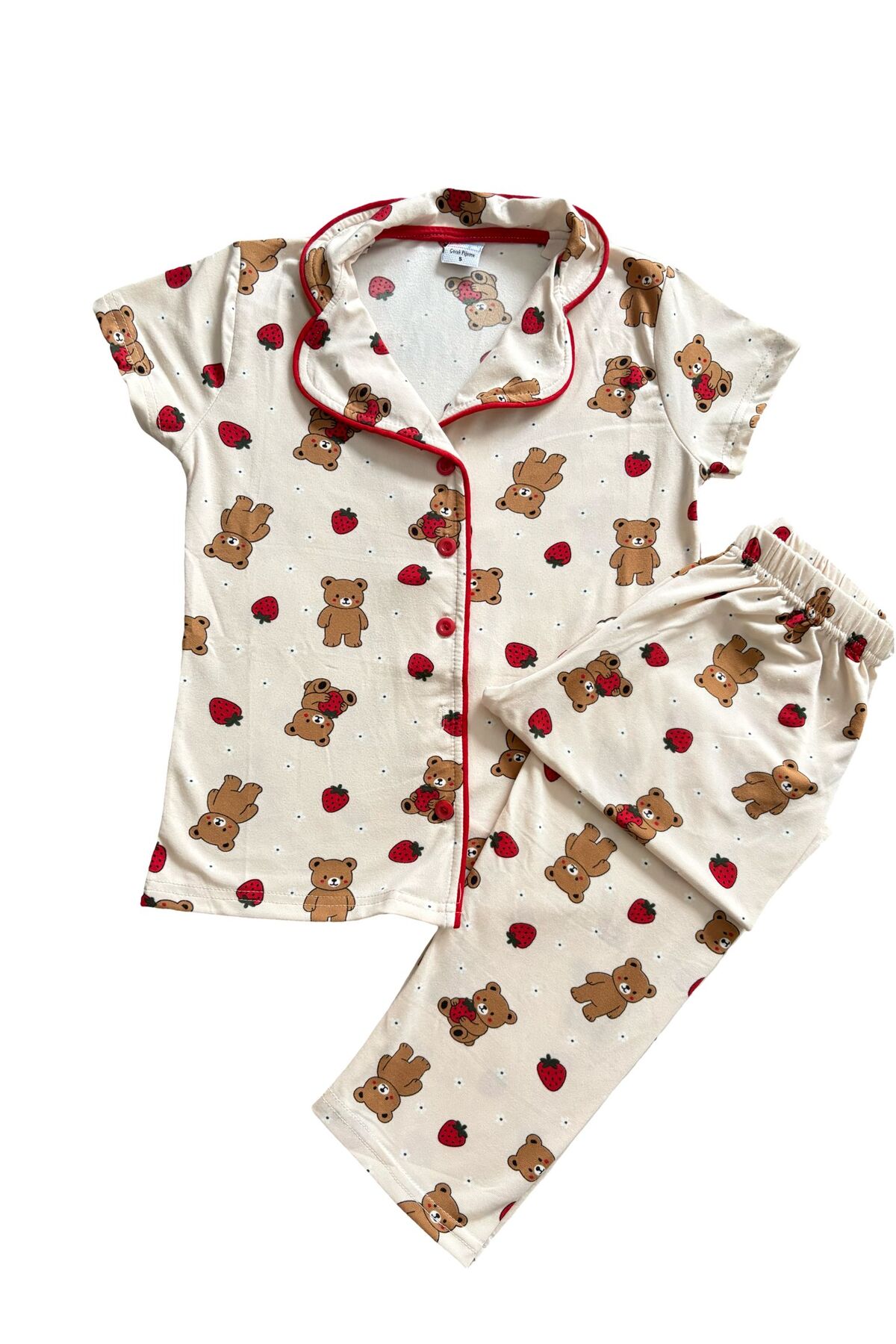 mışıl mışıl kids Kız Çocuk Ayıcık Çilek Desenli Yazlık Kısa Kollu Düğmeli Yumuşak Kumaş Pijama Takımı fotoğrafı 2 (önizleme)
