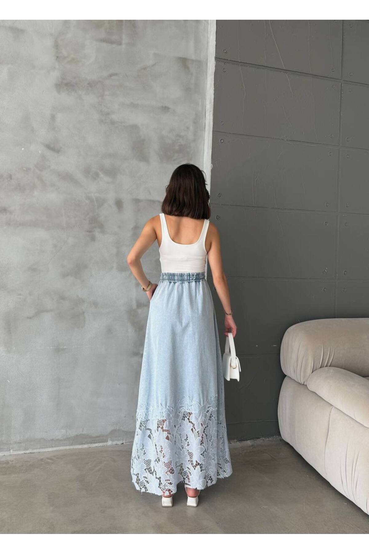 jeanlog  Dantel Detaylı Yüksek Bel Midi Etek Belden Lastik Ve Bağlamalı - Görsel 5
