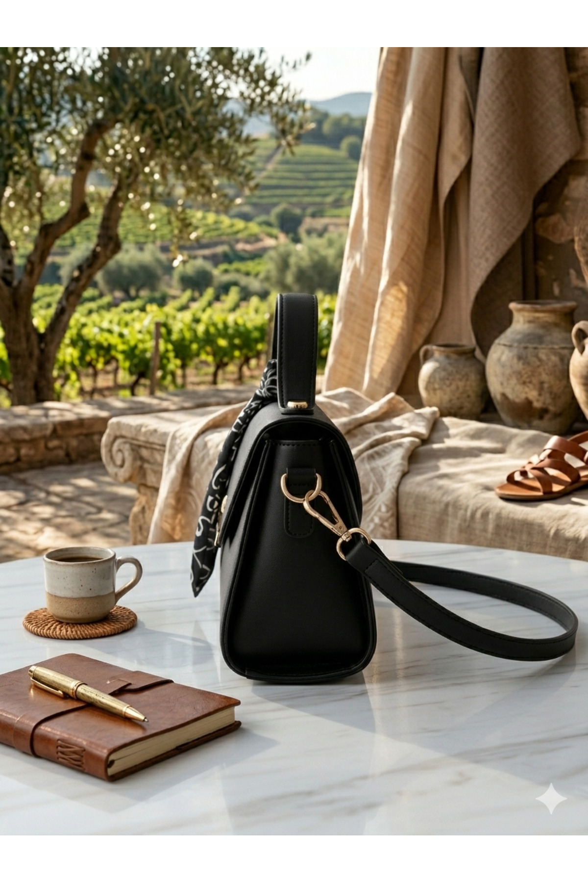 ZEGİ BAGS &MORE Siyah Suni Deri Fular Detaylı El Ve Omuz Çantası görsel 4