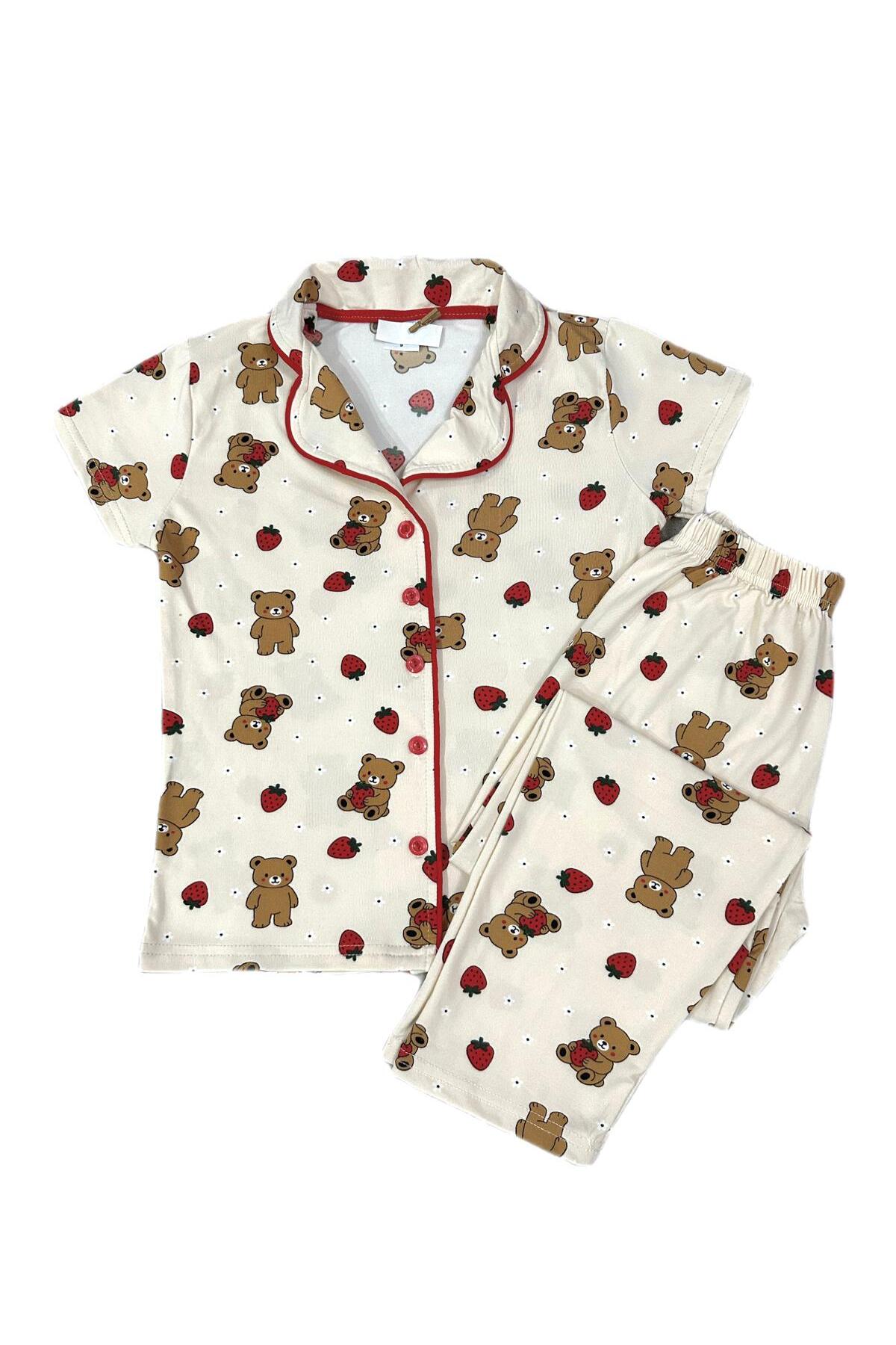 byalisdmr KIZ ÇOCUK PİJAMA TAKIMI YAZLIK %100 PAMUK MİLAN KUMAŞ KISA KOLLU BİYE DETAY GÖMLEK YAKA fotoğrafı 5 (önizleme)