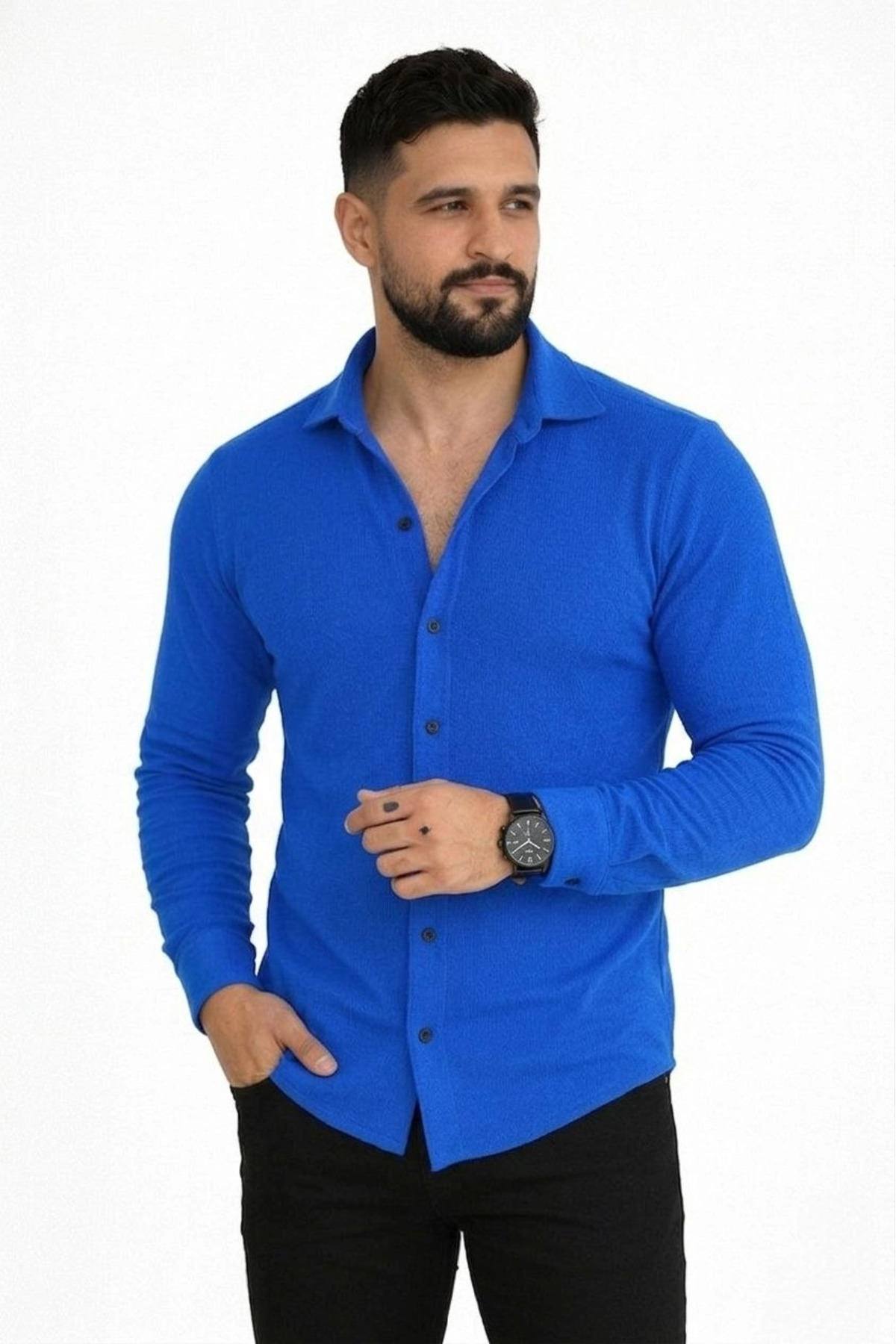 pilelistore Erkek Waffle Kumaş Uzun Kollu Düğmeli Açık Yaka Regular Fit Gömlek - Saks Mavisi fotoğrafı 3 (önizleme)