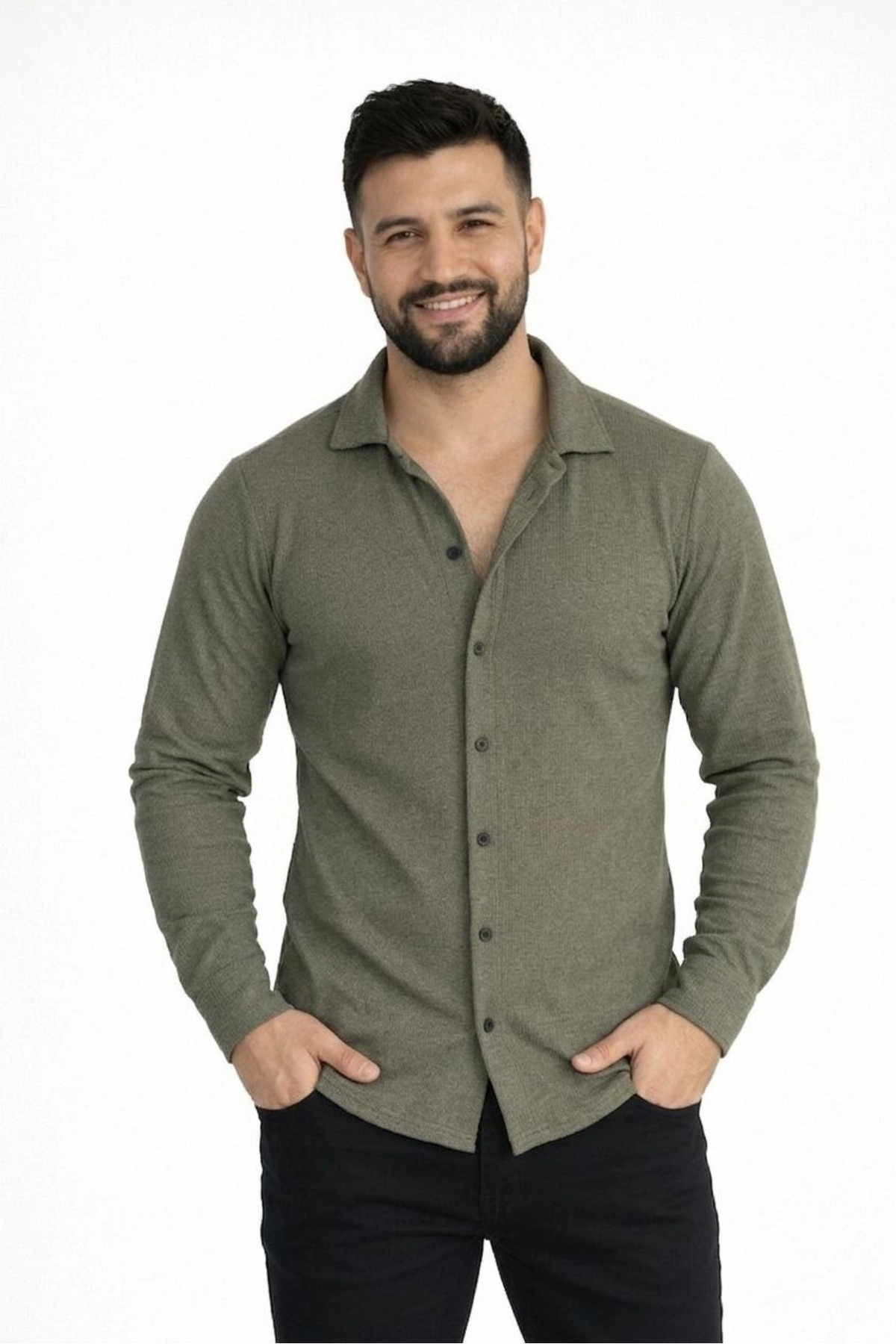 pilelistore Erkek Waffle Kumaş Uzun Kollu Düğmeli Açık Yaka Regular Fit Gömlek - Haki fotoğrafı 3 (önizleme)