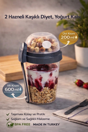 GENCHOME HOMEWARE Diyet & Granola Kabı , 2 Hazneli Kaşıklı 200 ml + 600 ml, S...