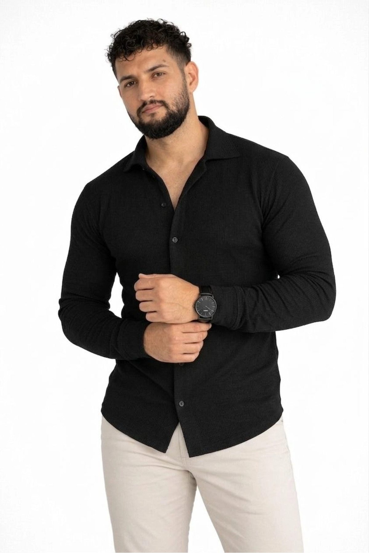 pilelistore Erkek Waffle Kumaş Uzun Kollu Düğmeli Açık Yaka Regular Fit Gömlek - Siyah fotoğrafı 3 (önizleme)