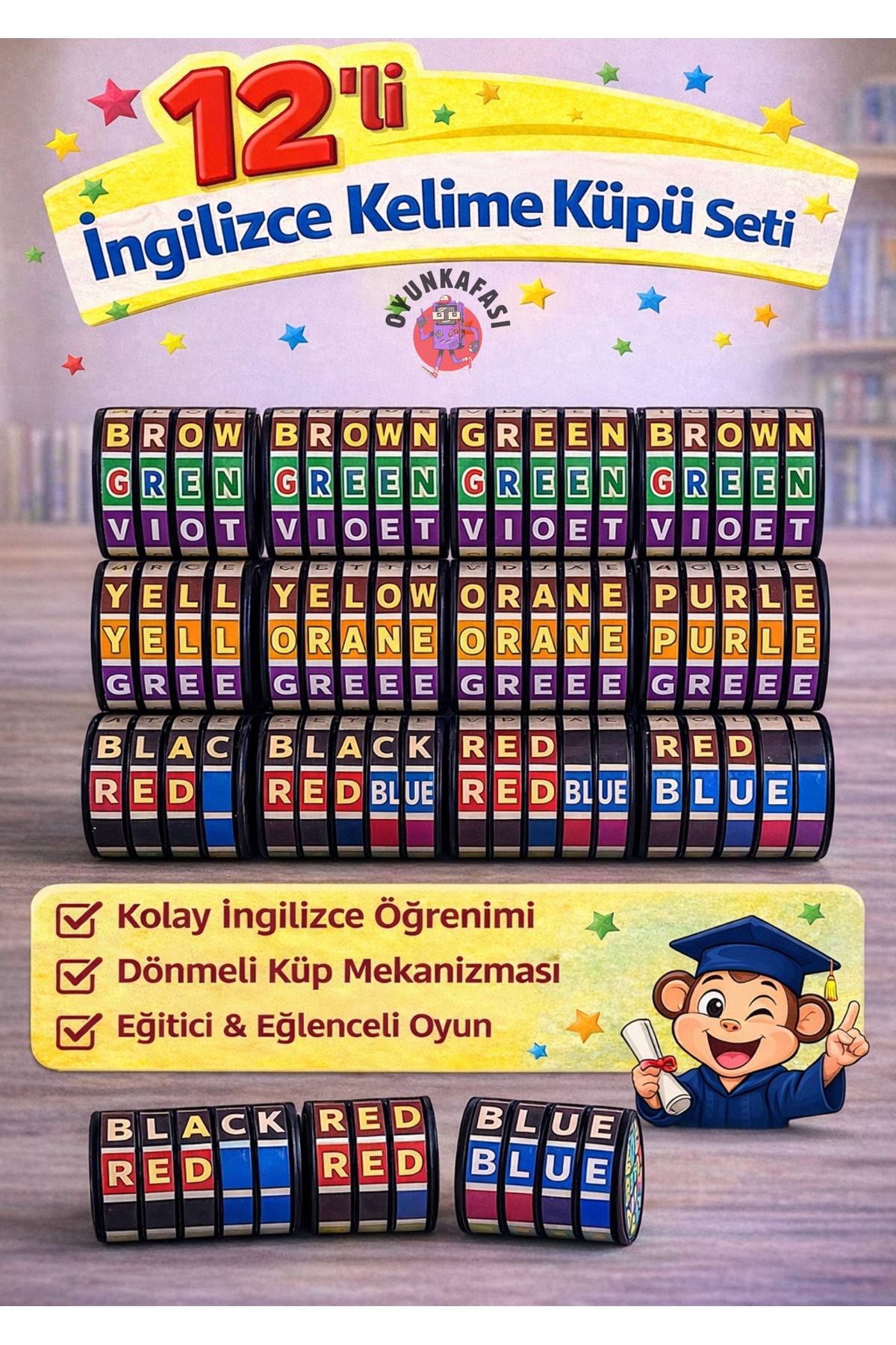 OYUNKAFASI Mini İngilizce Kelime Küpü 12’li Set – Eğitici Oyuncak, Zeka Geliştirici Döndürmeli Küp Oyunu fotoğrafı 3 (önizleme)