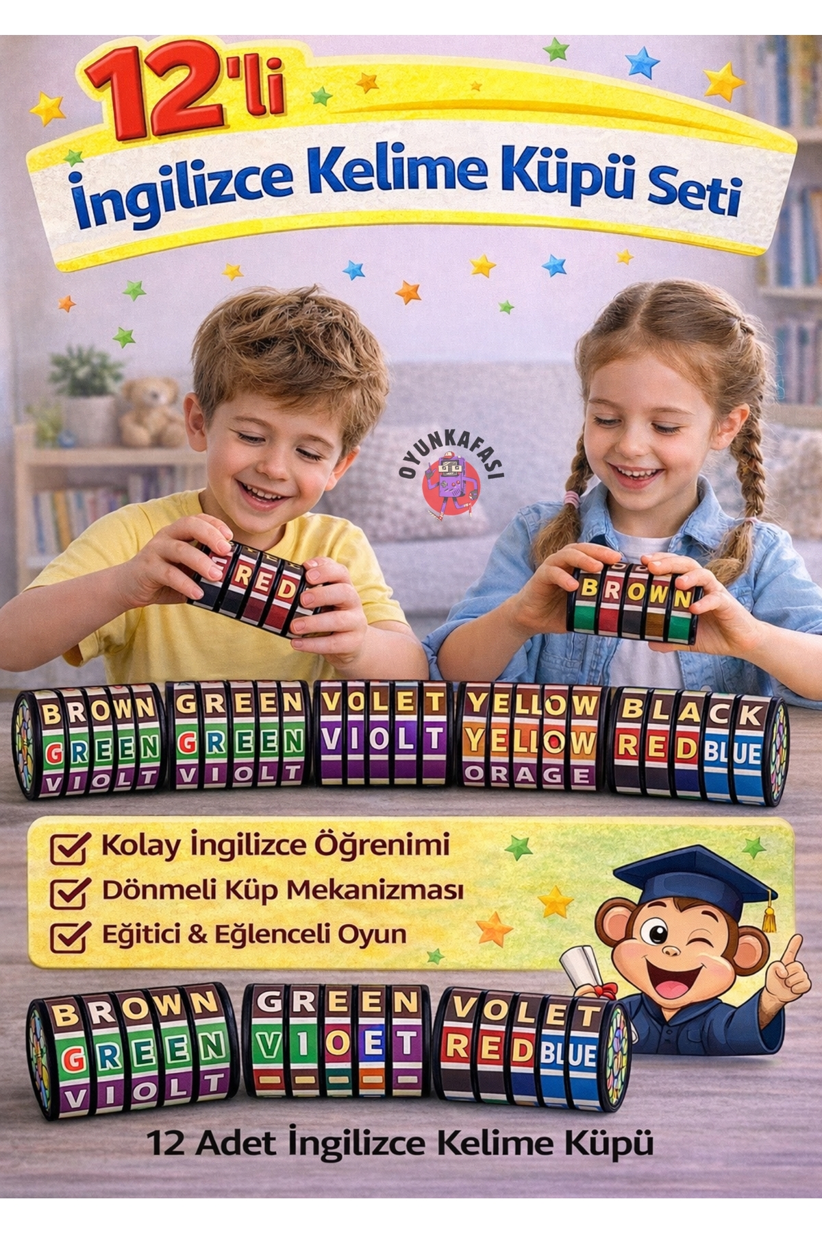 OYUNKAFASI Mini İngilizce Kelime Küpü 12’li Set – Eğitici Oyuncak, Zeka Geliştirici Döndürmeli Küp Oyunu fotoğrafı 4 (önizleme)