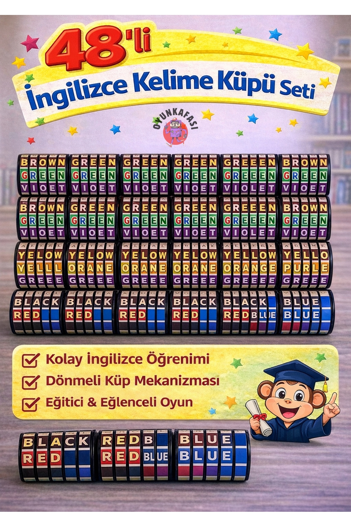 OYUNKAFASI Mini İngilizce Kelime Küpü 48’li Set – Eğitici Oyuncak, Zeka Geliştirici Döndürmeli Küp Oyunu fotoğrafı 4 (önizleme)