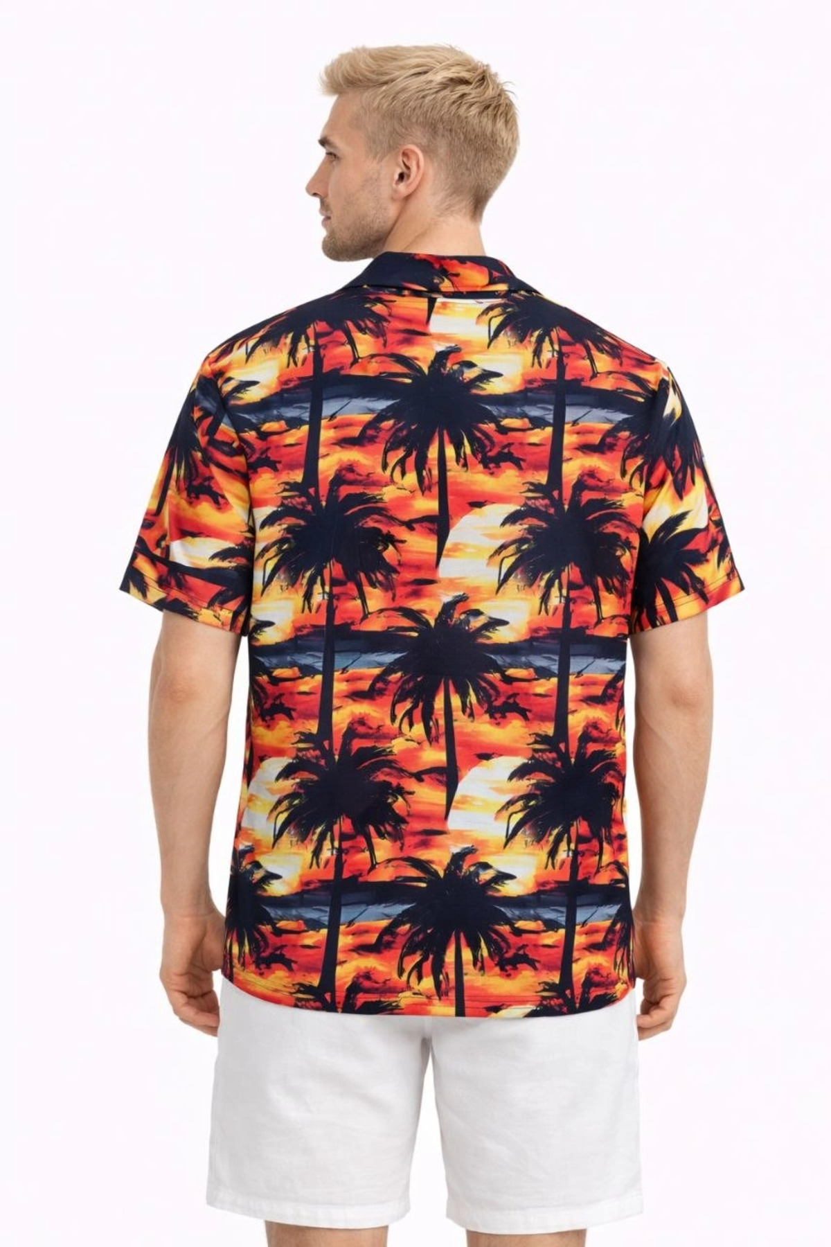 Hsc bilişim Erkek Gün Batımı Palmiye Desenli Kısa Kol Gömlek Hawaii Tarz Yazlık Rahat Kalıp - Desenli fotoğrafı 3 (önizleme)