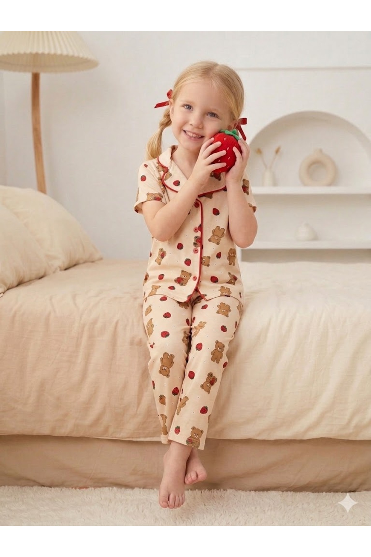 SERRASTIL Kız Çocuk Ayıcık Desenli Krem Rengi Pamuklu Kısa Kollu Pijama Takımı fotoğrafı 3 (önizleme)