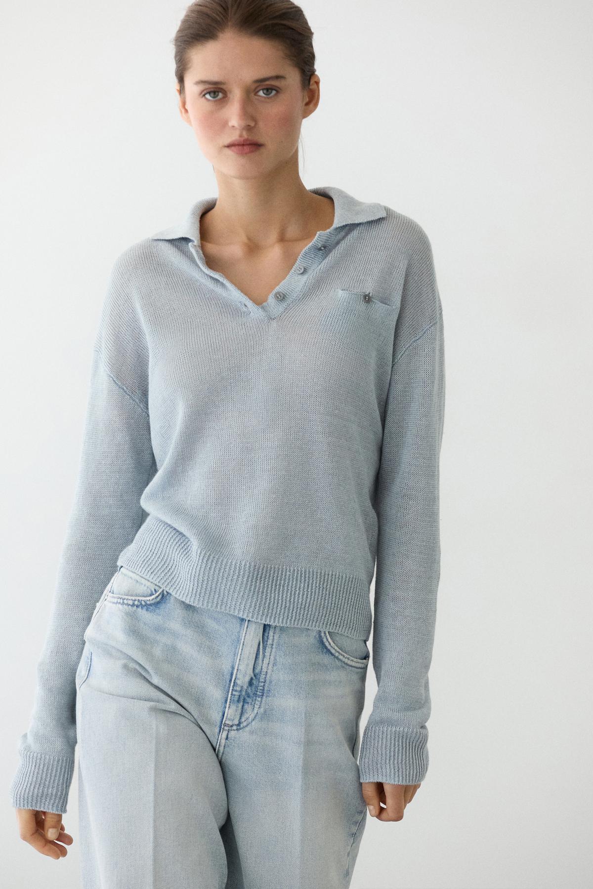 Massimo Dutti  İnce keten polo yaka kazak - Görsel 2