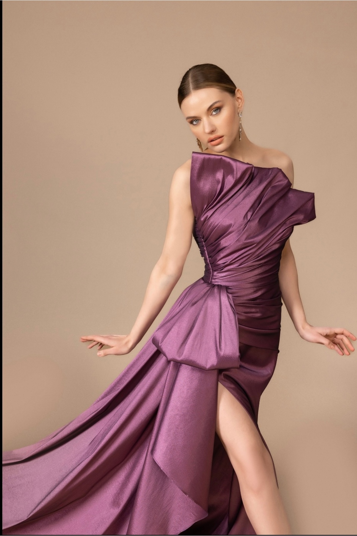 green emerald velvet dress 25082-Evening Dress with Embroidered Sleeves and Side Tail