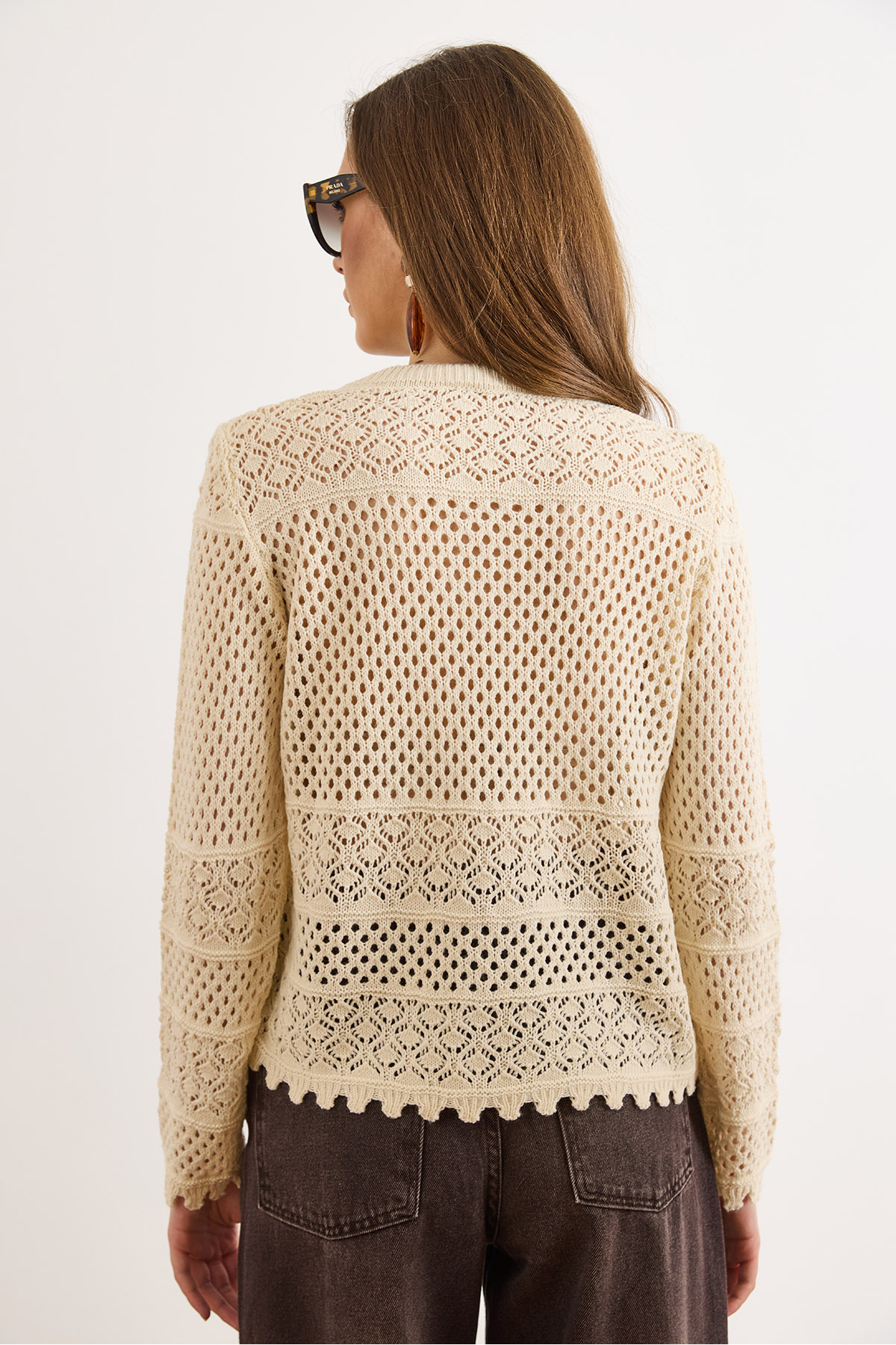 Olalook  Kadın Krem Yaprak Nakışlı Ajurlu Boho Mevsimlik Hırka HRK-19000493 - Görsel 6